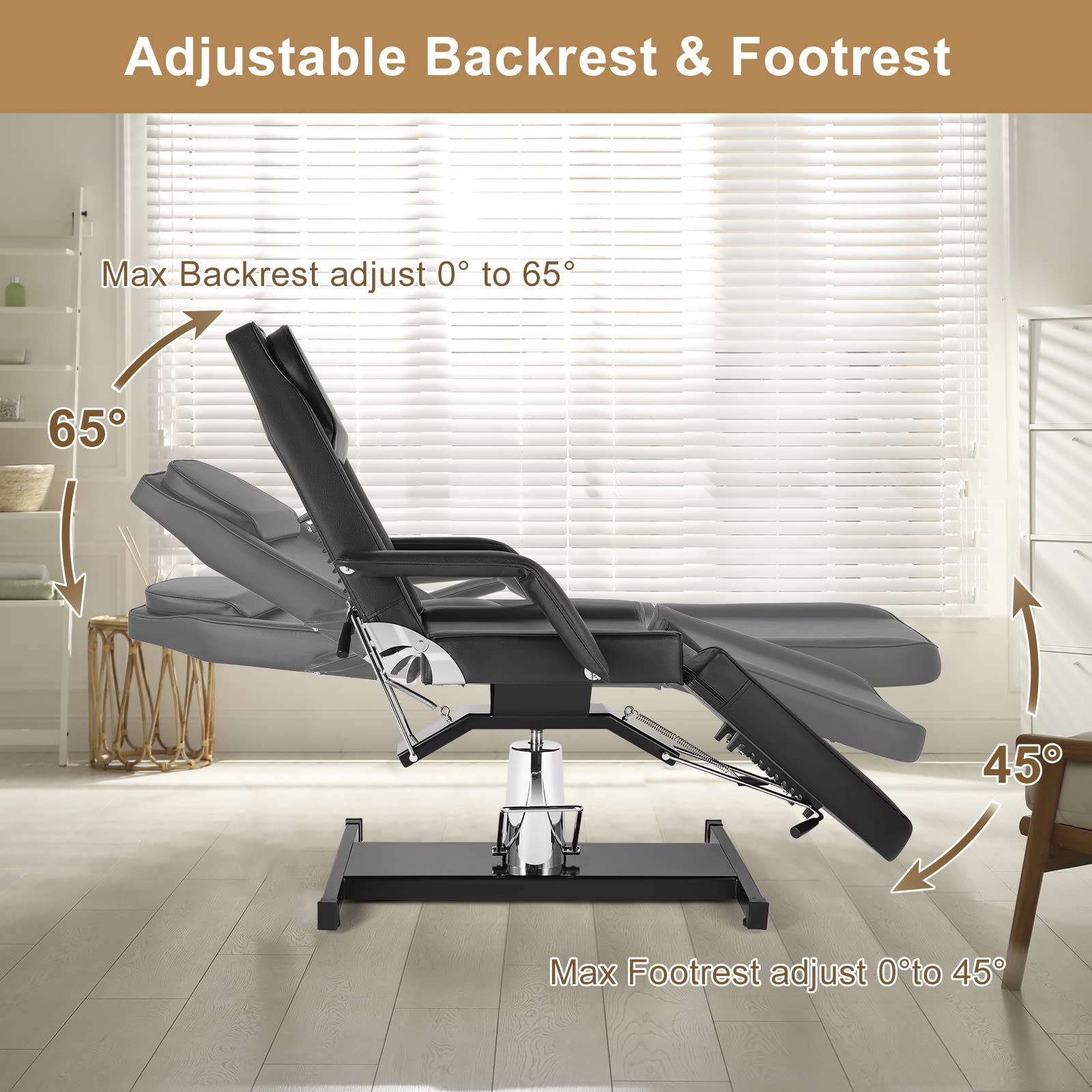 OmySalon Hydraulic Adjustable Tattoo Chair & Facial Bed with Stool - 3-Section Multi-Purpose Beauty Salon Spa Equipment for Massage, Waxing & Skincare - Black