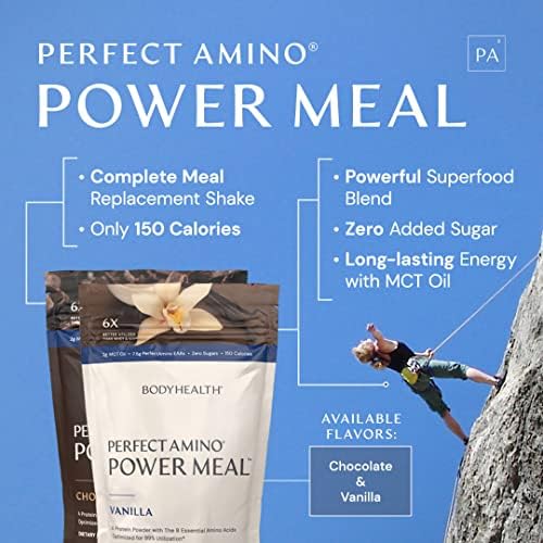 BodyHealth PerfectAmino Power Meal - Natural Vanilla Vegan Protein Powder | Dairy-Free, Plant-Based Organic Meal Replacement Shake with 12.5g Protein (20 Servings) for Post-Workout Recovery & Healthy Weight Management
