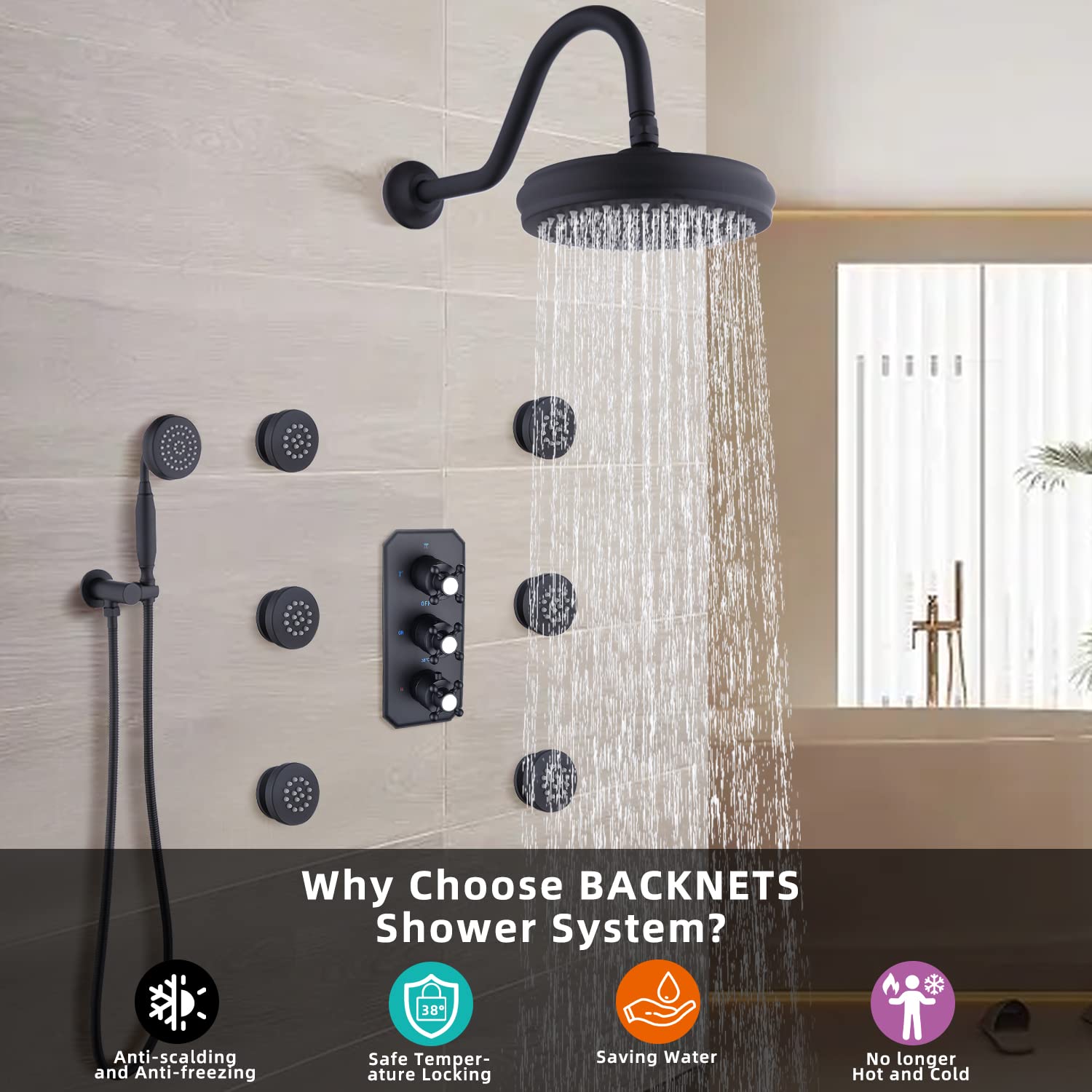 Thermostatic Shower Faucet Set - Matte Black Rain Shower System with All Metal Body Jets & Hand Shower - High Pressure Bathroom Shower Combo for Spa-Like Experience - Perfect for Modern Home Renovation and Luxury Bathroom Upgrade