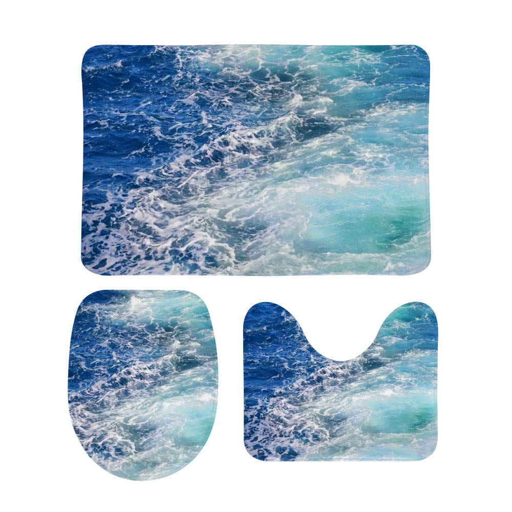 3-Piece Non-Slip Bathroom Rug Set - Teal Blue Sea Waves Design, Contour Mat + Toilet Lid Cover + Bath Mat | Soft & Absorbent for Bathroom Safety & Style