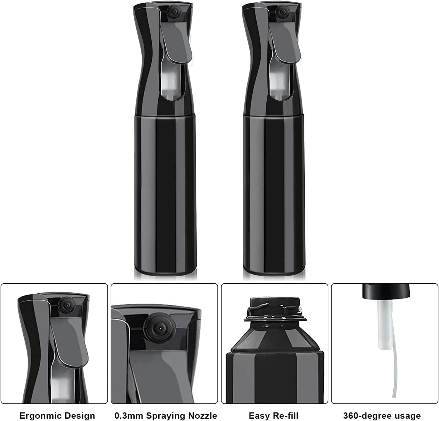 Nurven 10oz/300ml Empty Spray Bottle - Fine Mist Sprayer for Hair Styling, Plants, Cleaning & Skin Care | Continuous Water Spray Bottle for Salon, Gardening, Home & Travel (Black)
