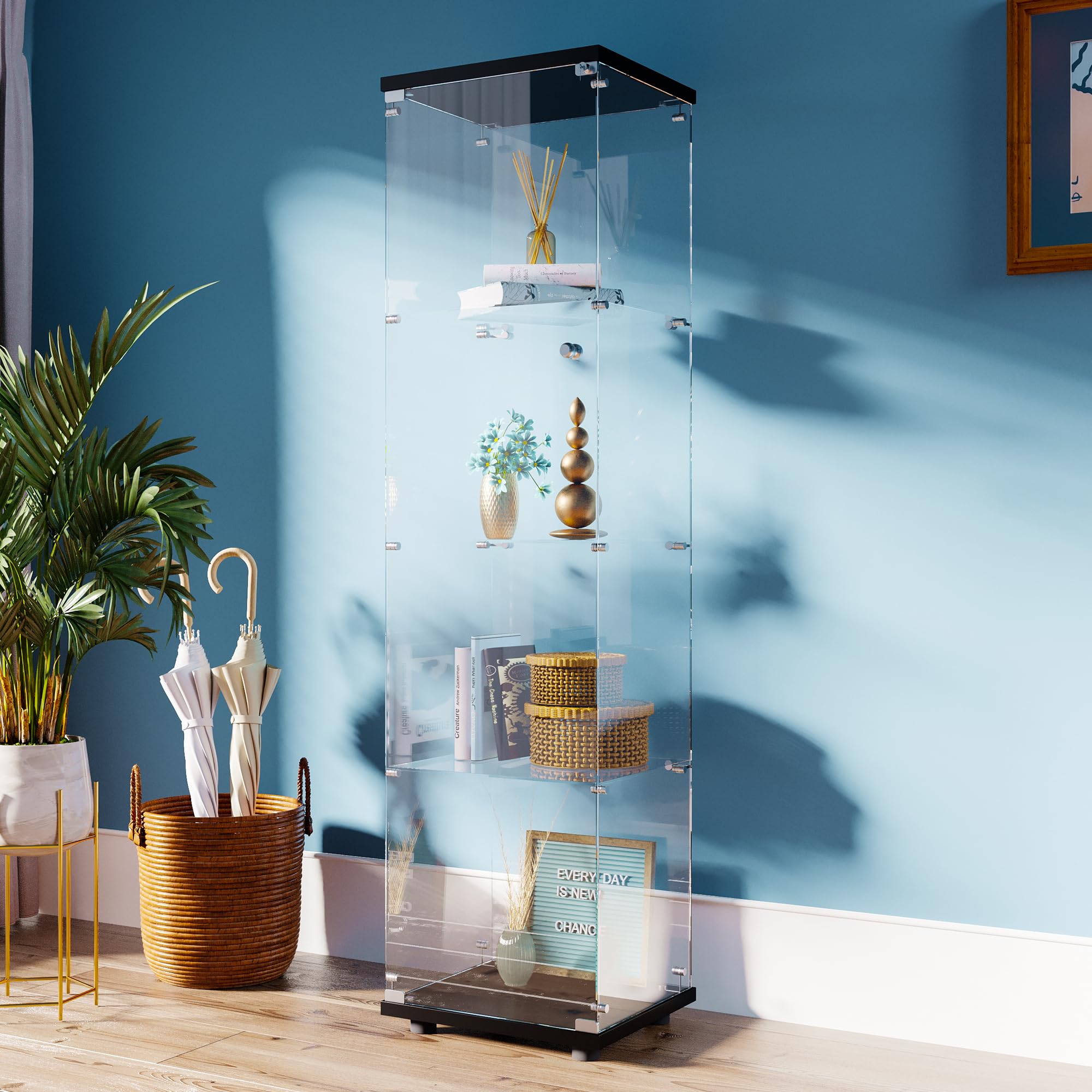 FANYUSHOW 4-Tier Glass Display Cabinet with Tempered Glass Door - Black Curio Cabinet for Collectibles, Home Decor & Retail Store Display (Living Room, Bedroom, Office, Shop)