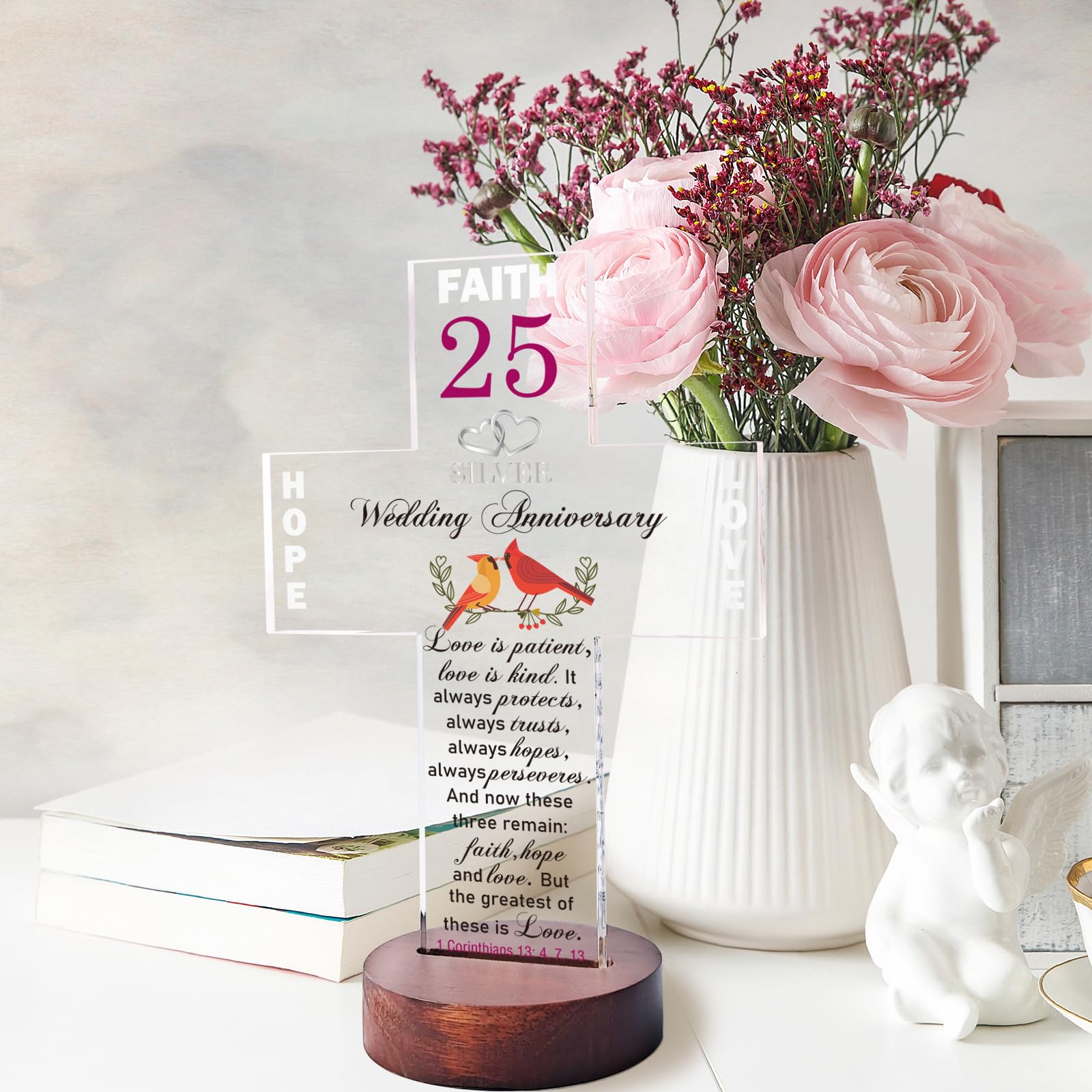 25th Silver Anniversary Gifts for Couples - Thoughtful Wedding Gifts for Husband & Wife - Engraved Cross with Bible Verse - Perfect for Home Decor & Romantic Celebrations