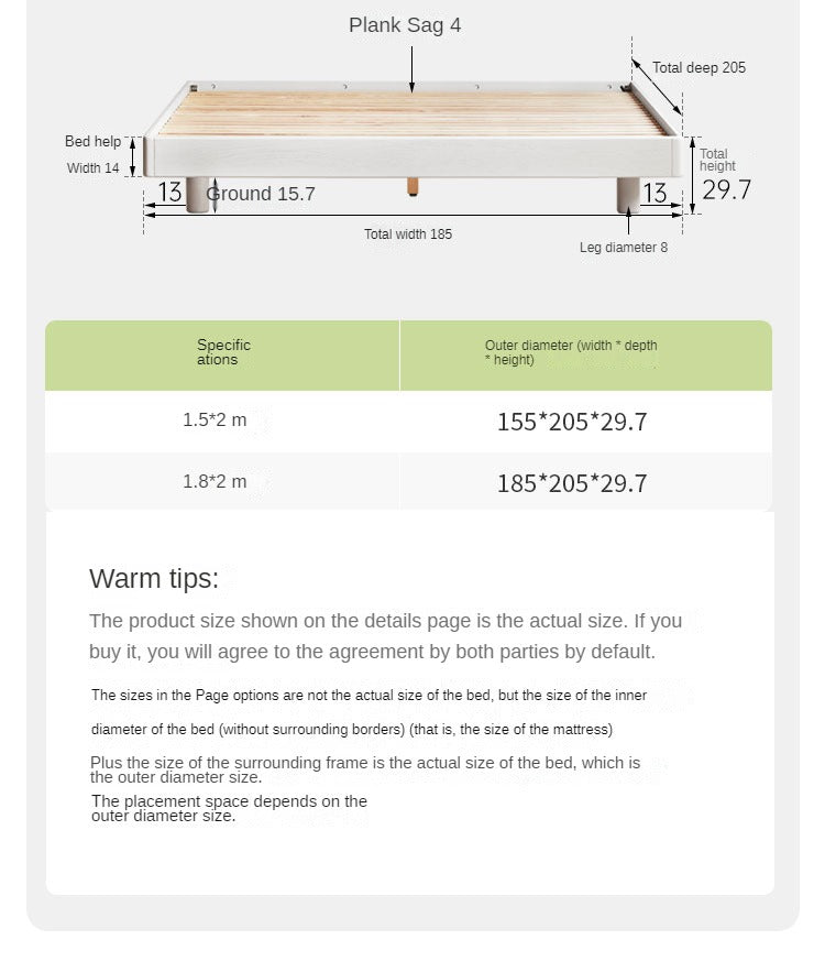 Solid Oak Wood Platform Bed - No Headboard, Cream Finish - Modern Minimalist Bedroom Furniture for Small Spaces & Loft Apartments