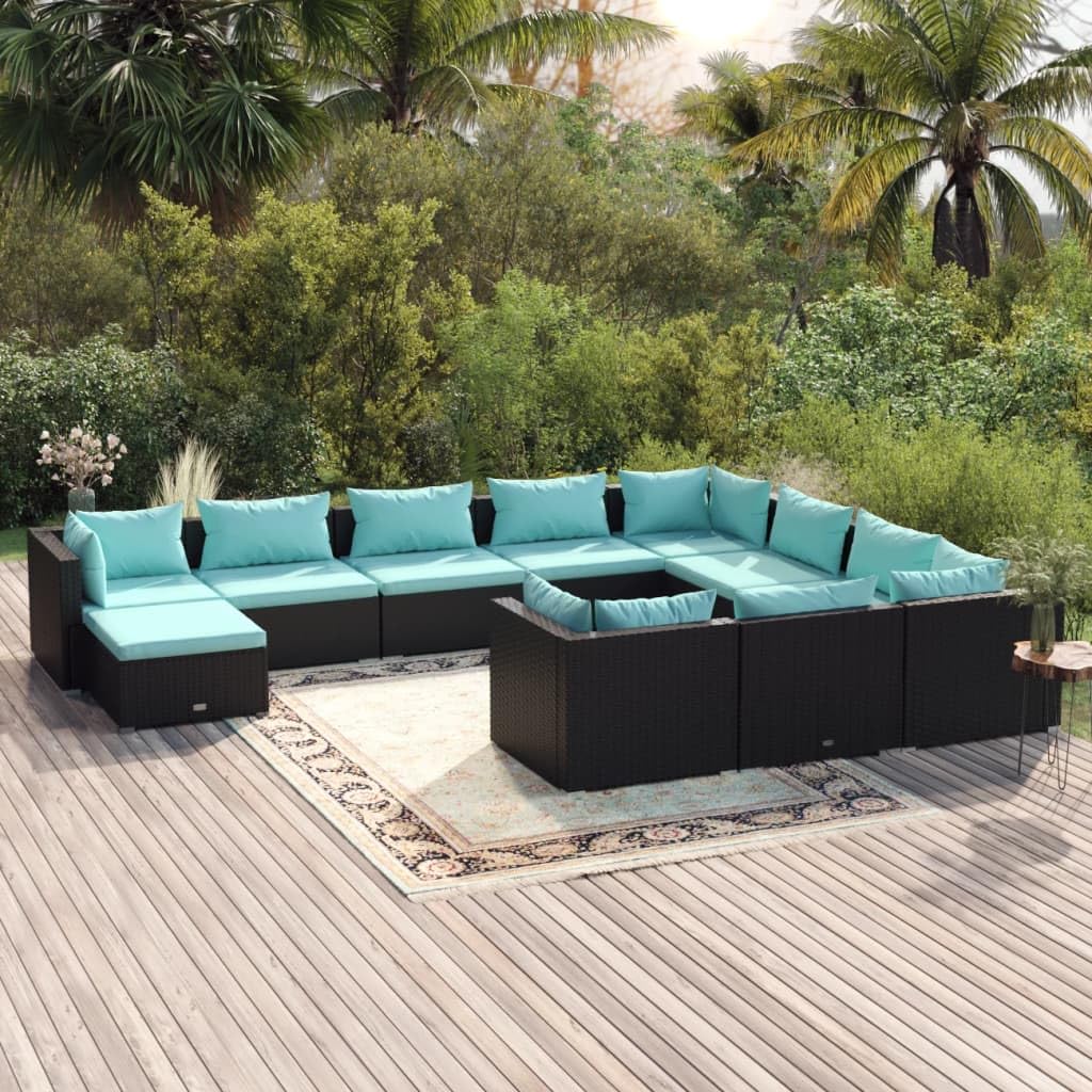 11-Piece Patio Lounge Set with Cushions - Outdoor Furniture Set - Black Poly Rattan with Water Blue Cushions - Weather-Resistant, Durable & Comfortable - Perfect for Backyard, Poolside or Garden Relaxation