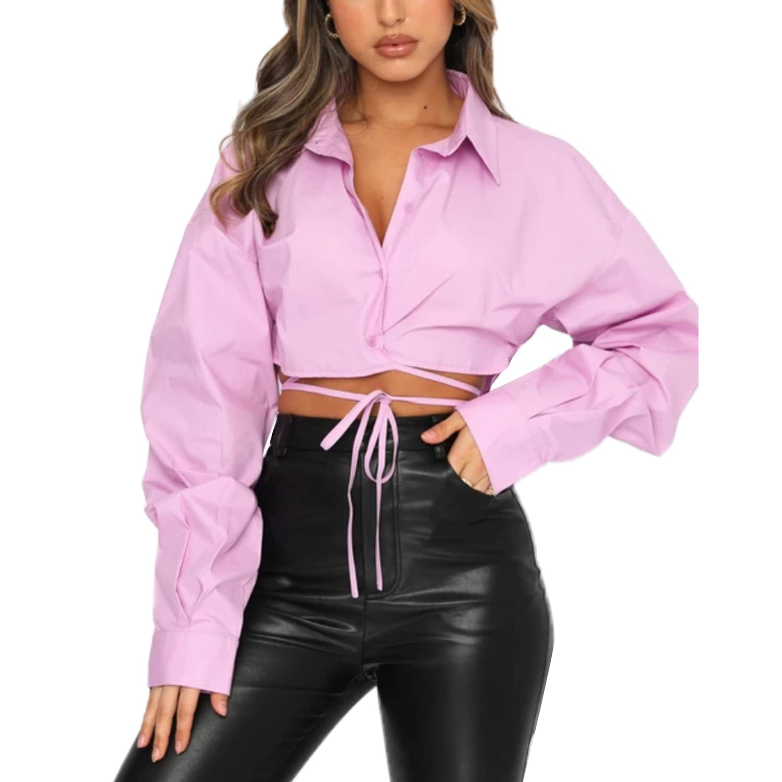 KMBANGI Women's Fashion Cropped Long Sleeve Button Down Shirt - Sexy Collared Blouse Tee with Irregular Hem for Streetwear | Casual Outfits, Night Out, Date Night