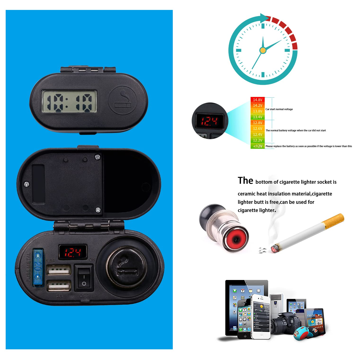 5V/3A Dual USB Charger Socket - Waterproof Motorcycle Handlebar & Rear View Mirror Mount - Cigarette Lighter Power Adapter with Voltmeter - Compatible with Phones, Tablets, GPS (Black) - Perfect for Long Rides & Outdoor Adventures