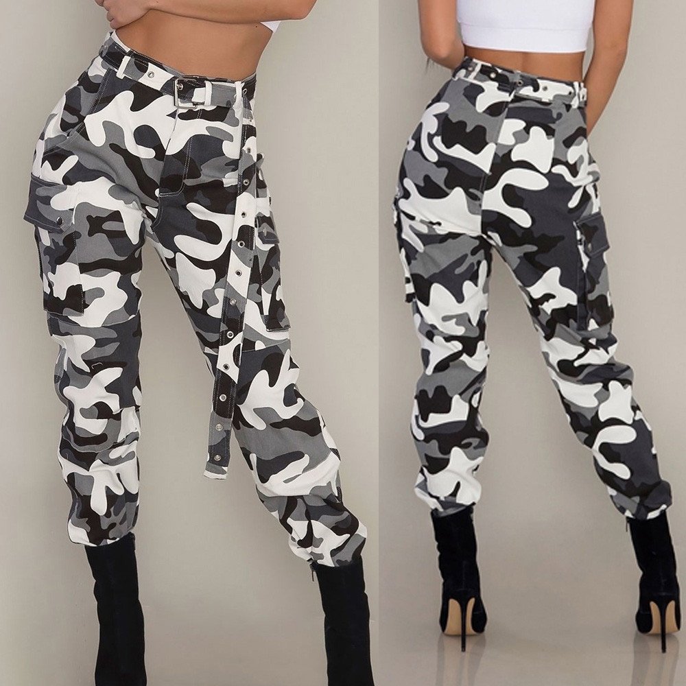 Women's Camo Cargo Pants - Military Combat Casual Trousers with Multiple Pockets (White, Large) | Perfect for Outdoor Adventures, Hiking & Streetwear Fashion