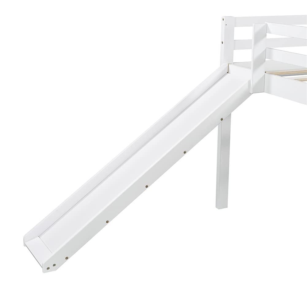Low Loft Bed Twin Size - Pinewood Bed Frame with Convertible Slide, Chalkboard, Ladder & Guardrails - Under-Bed Storage Space - White - Perfect for Kids' Bedrooms, Small Spaces & Dorm Rooms