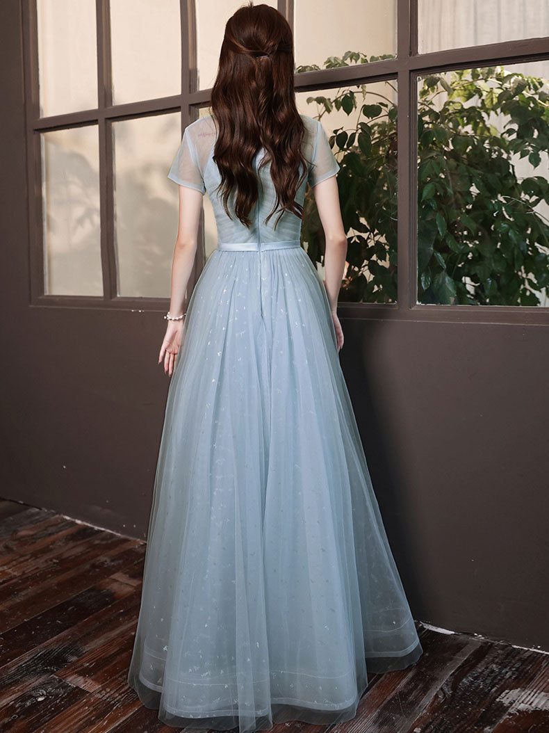 Elegant Blue A-Line Tulle Long Prom Dress for Women - Formal Evening Gown for Homecoming, Wedding, and Special Occasions