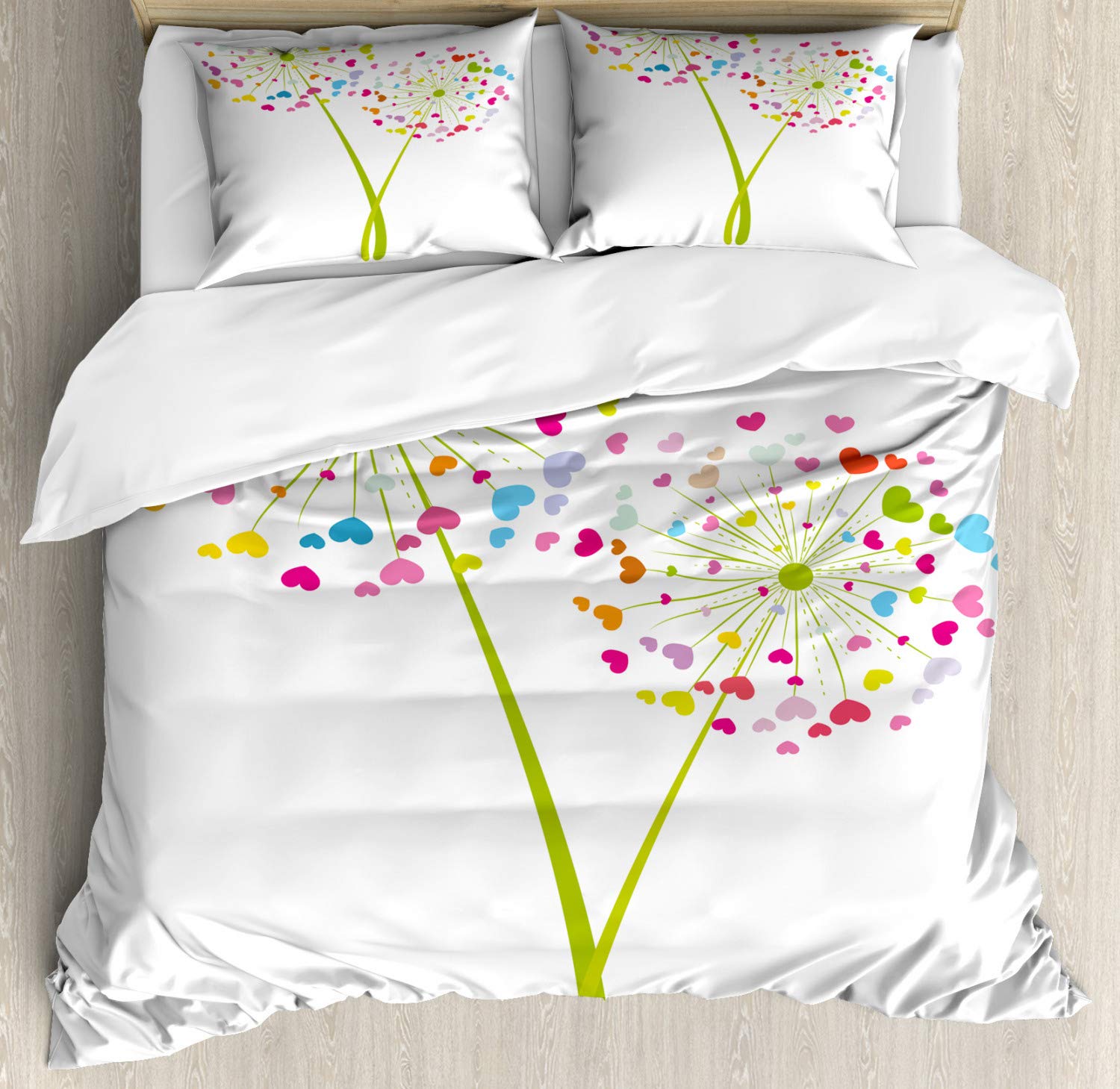 Ambesonne Floral Duvet Cover Set - Spring Dandelion Flower Heart-Shaped Petals Romantic Valentine's Design | 3-Piece Bedding Set with 2 Pillow Shams | California King Size | Multicolor | Perfect for Master Bedroom, Guest Room & Valentine's Day Decor