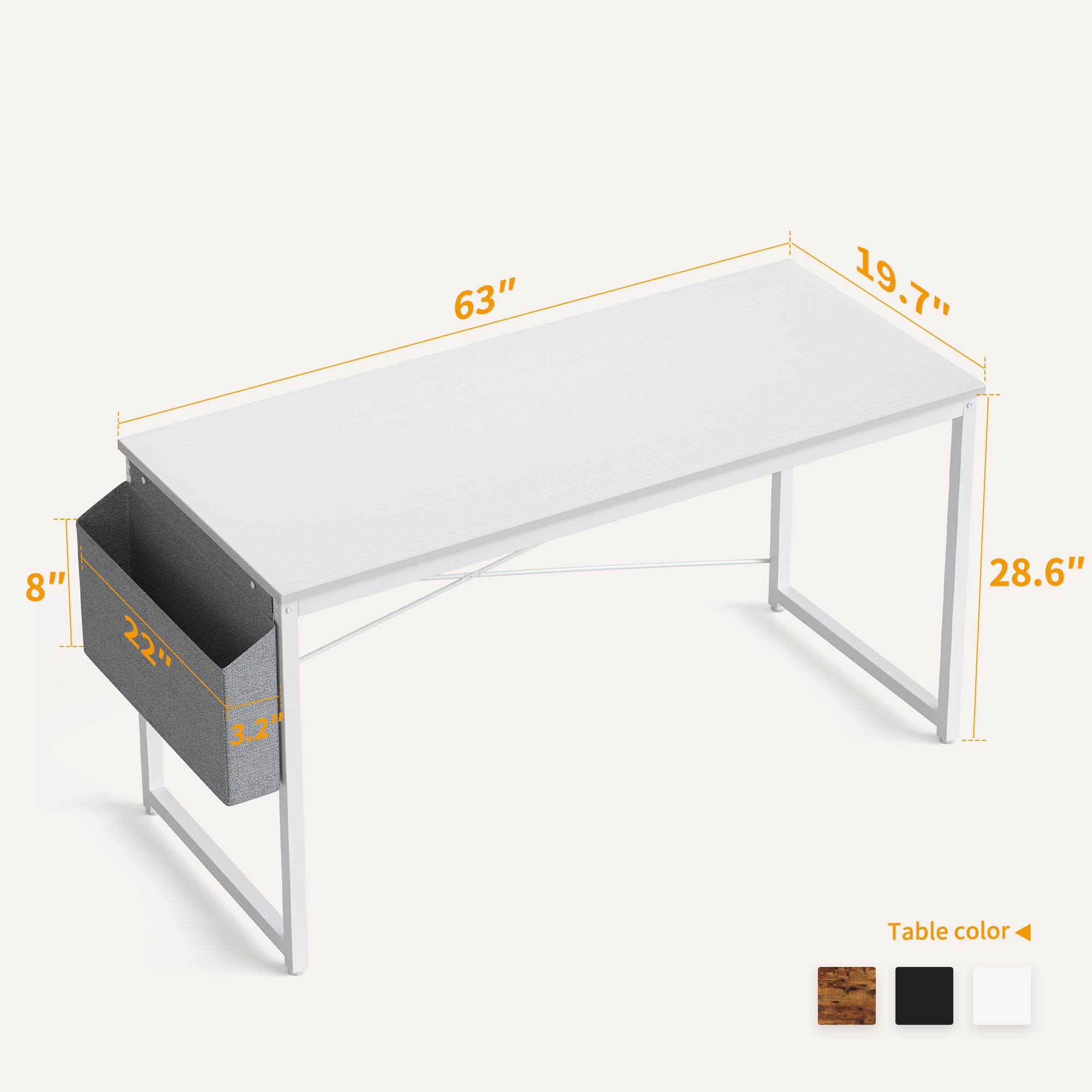 Cubiker 63 Inch Modern Simple Style Computer Desk - Sturdy Home Office Writing Desk with Storage Bag, White - Perfect for Small Spaces & Remote Work