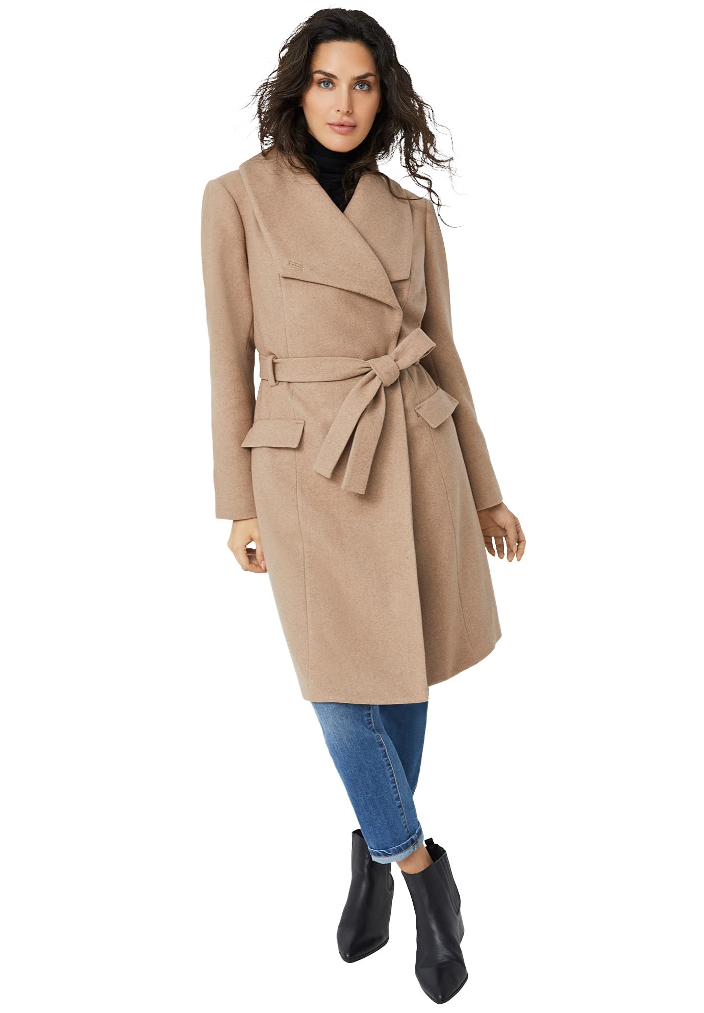 Ellos Women's Plus Size Wrap-Collar Wool-Blend Coat | Warm Winter Outerwear for Curvy Women | Perfect for Office, Dating & Holiday Events