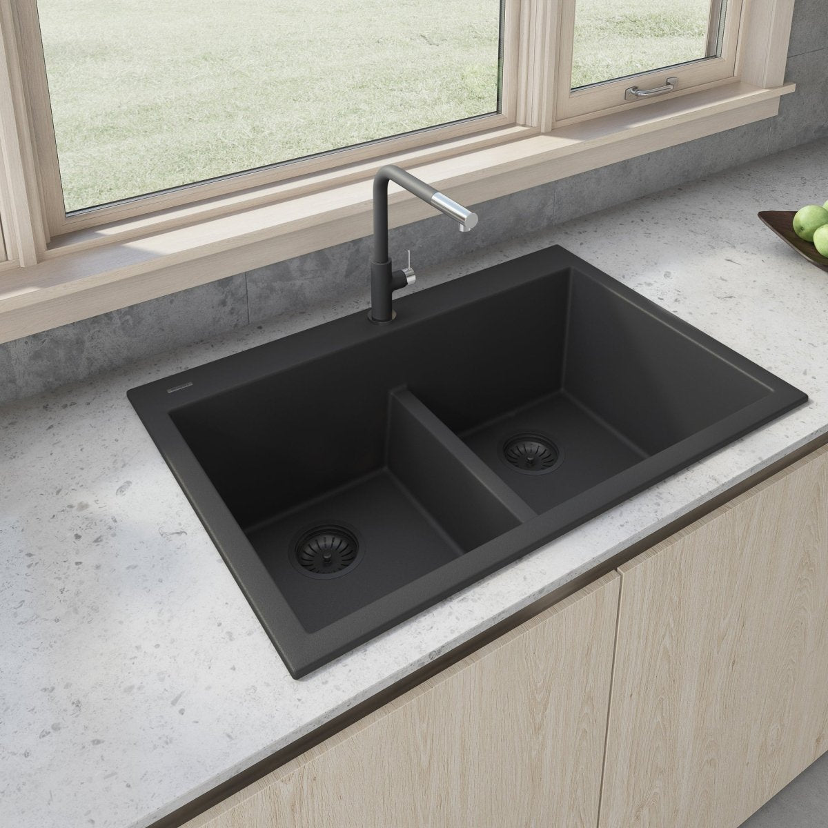 33 x 22 Inch Drop-in Top Mount Granite Composite Double Bowl Kitchen Sink with Low Divide - Durable & Stylish for Modern Kitchens, Perfect for Food Prep and Cleanup