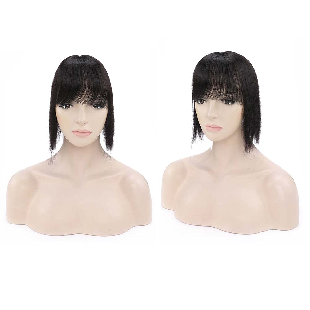 MY-LADY 150% Density Human Hair Toppers With Bangs - 16 Inch Natural Black Silk Base Clip-in Hairpiece for Women with Thinning Hair & Hair Loss - Perfect for Daily Wear, Parties & Special Occasions