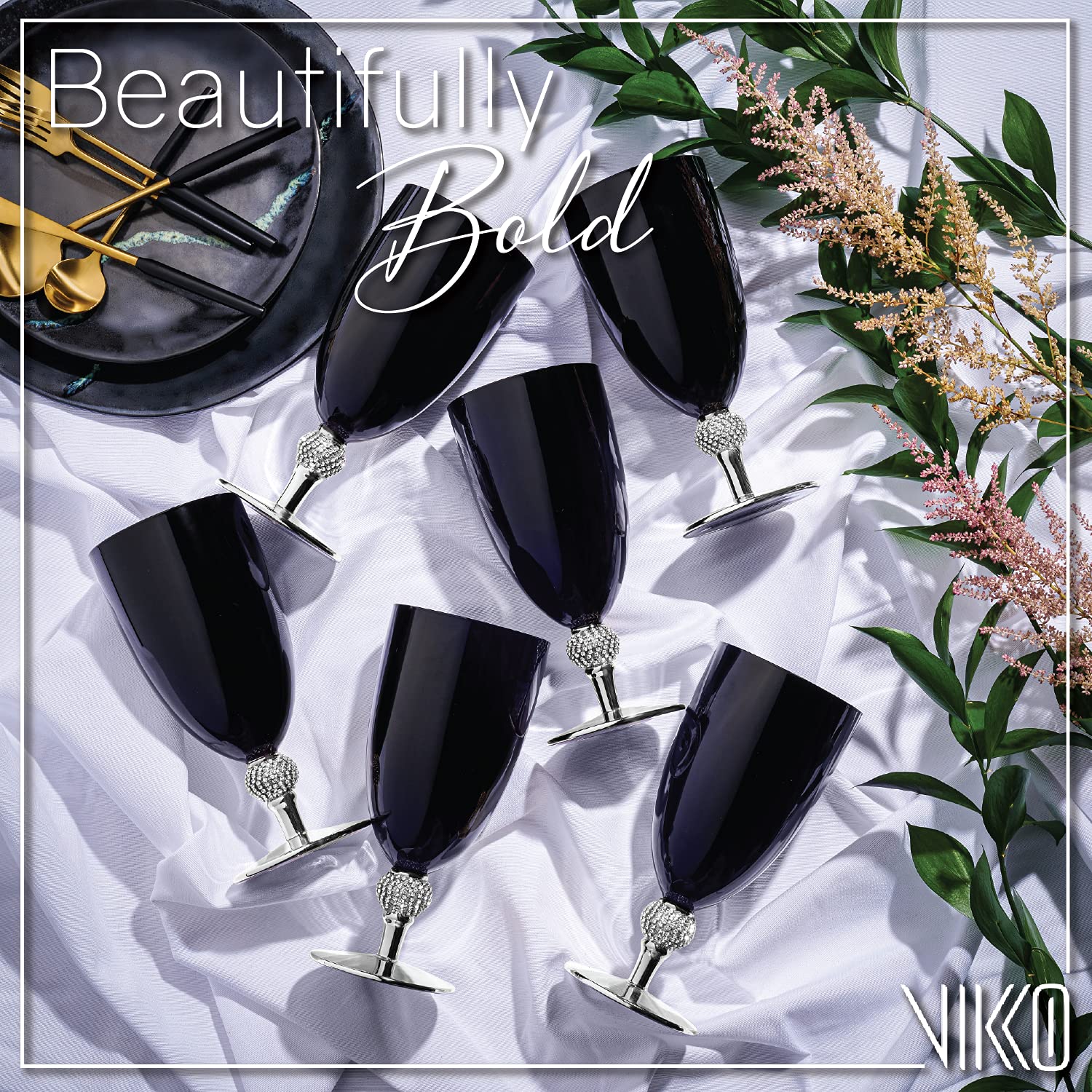 Vikko Décor Black and Silver Goblets Set of 12 - 18oz Large Elegant Wine Glasses with Diamante Accents - Thick Durable Dishwasher Safe Glass - 7.8” Tall x 3.5” Wide - Perfect for Weddings, Parties & Formal Dining