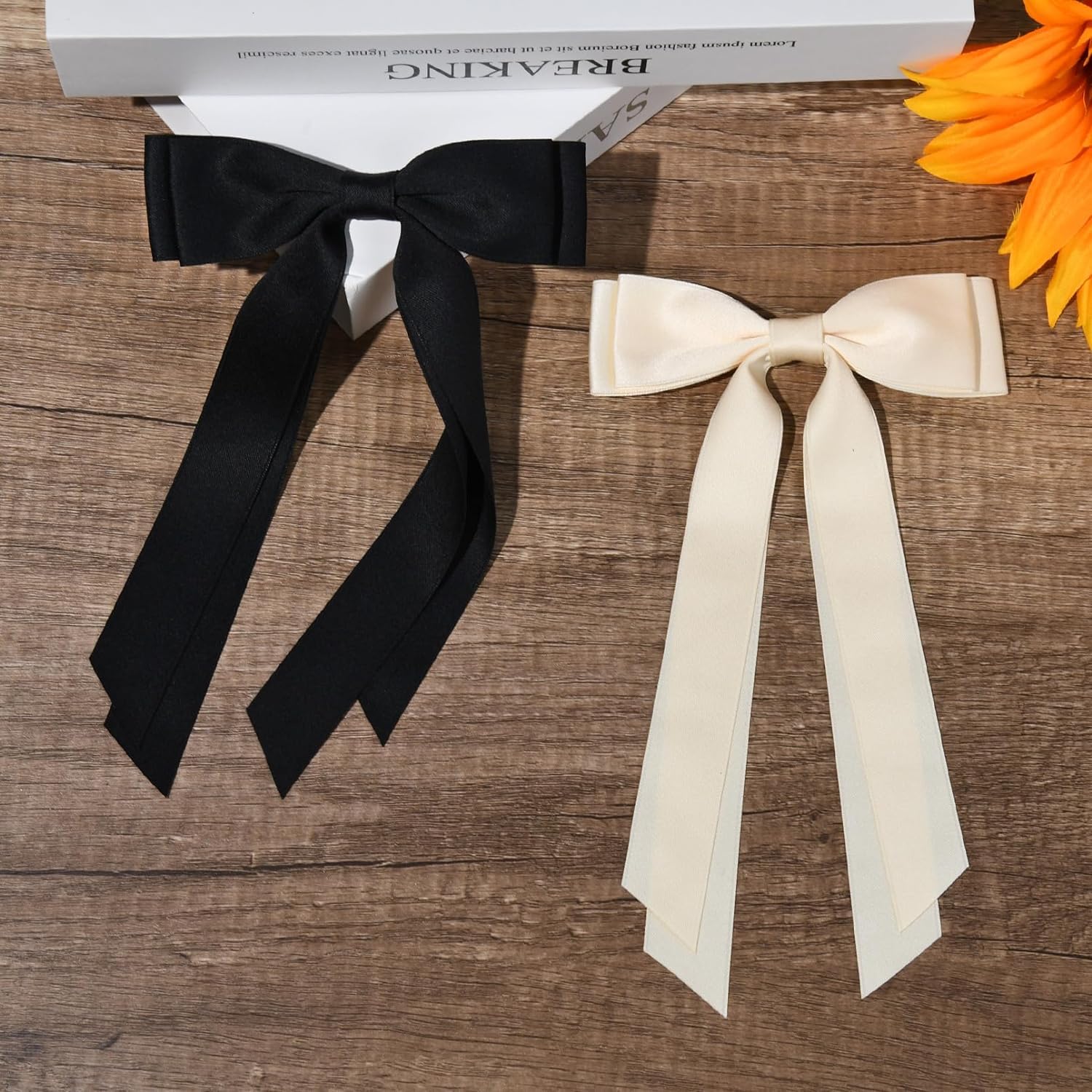 FAMEZA 2 Pack Satin Hair Bows for Women - Long Tail Ribbon Hair Clips, Elegant Red & Black Hair Accessories for Women & Girls | Perfect for Weddings, Parties & Daily Styling | BLACK & WHITE COLOR