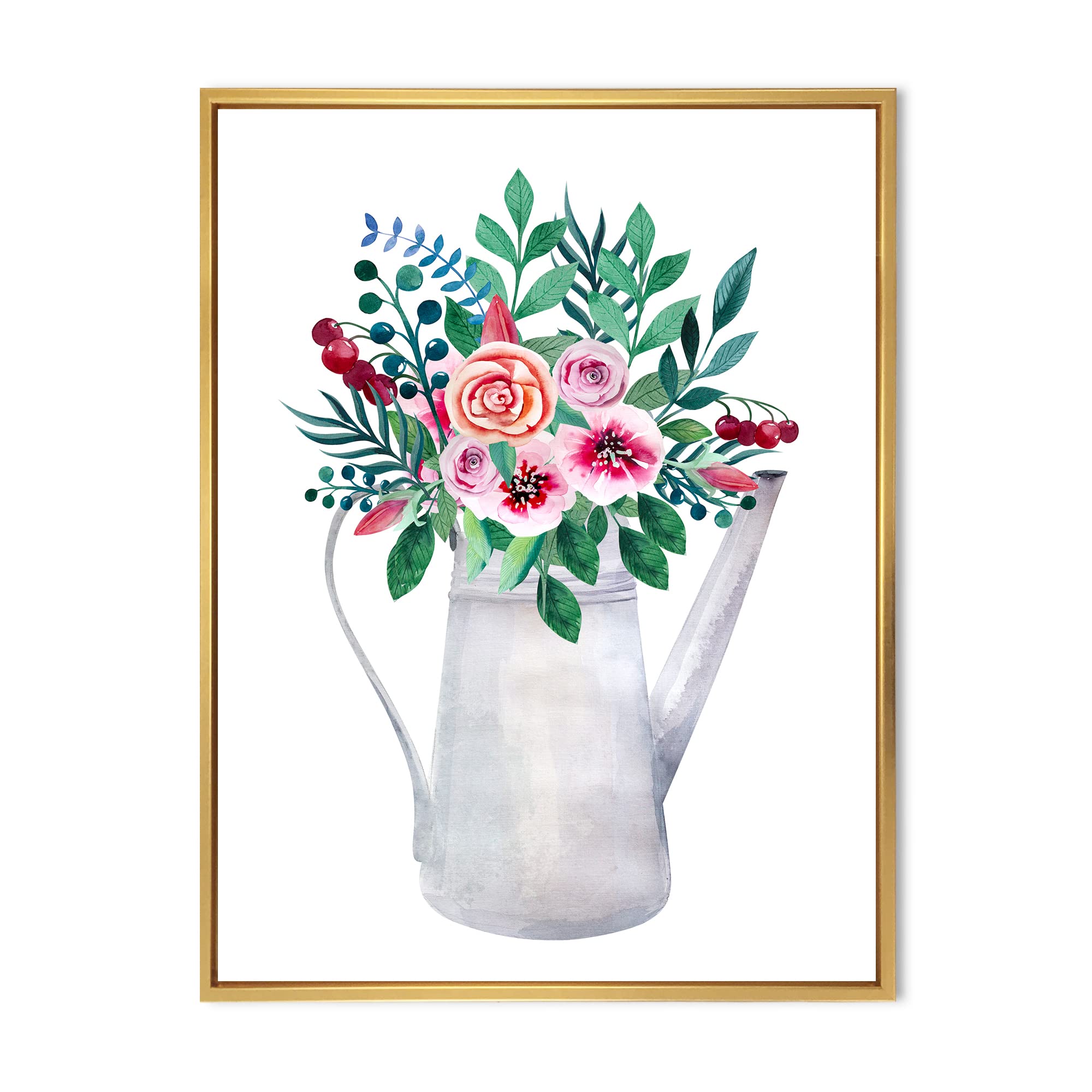 DesignQ Floral Bouquet in Rustic Flowering Pot - Traditional Framed Canvas Wall Art Print for Home Decor, Living Room, Bedroom & Office