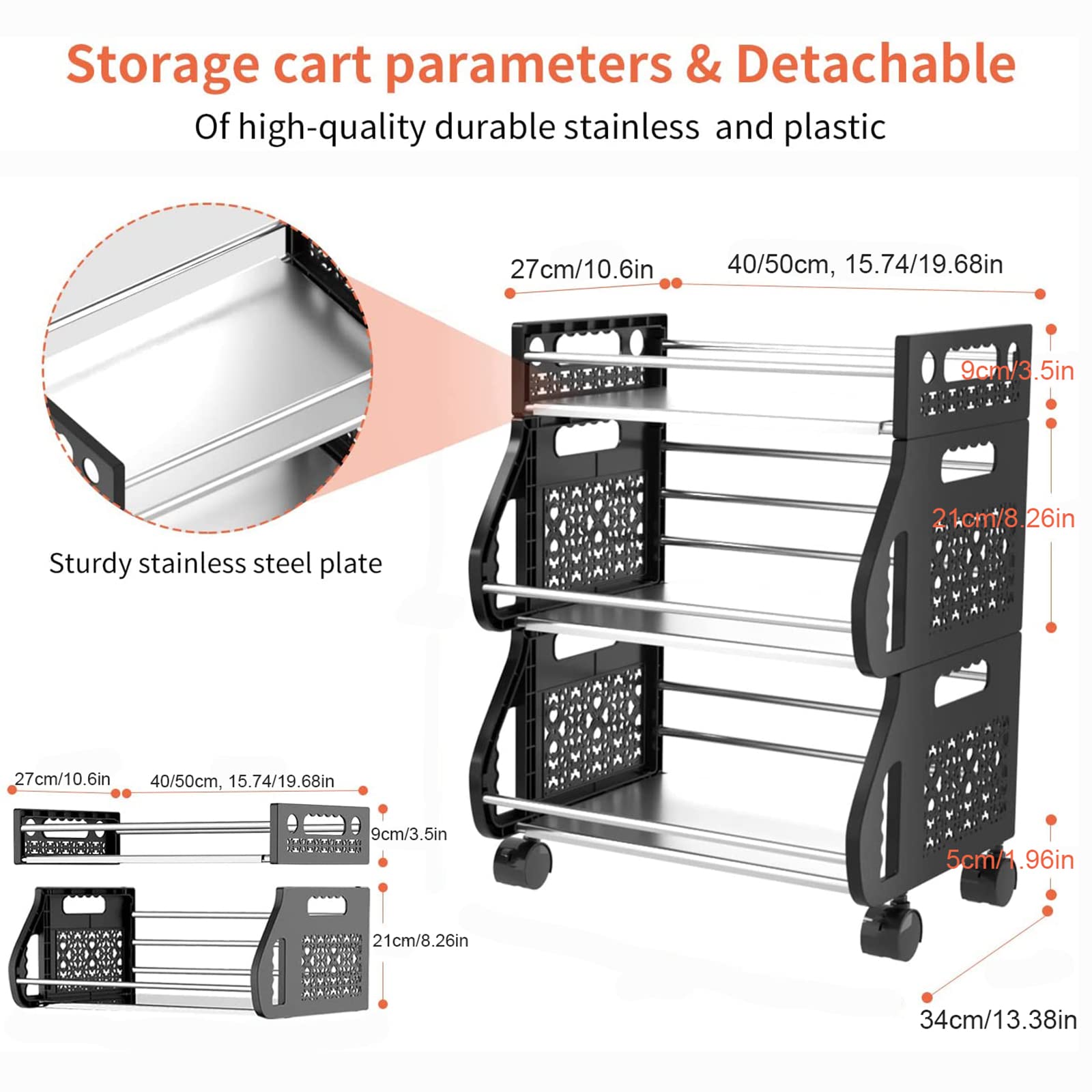 2/3/4/5/6 Tier Rolling Stackable Vegetable Fruit Basket Organizer - Metal Storage Cart with Wheels for Kitchen, Pantry, Closet, Bedroom, Bathroom & Garage - Perfect for Organizing Fruits, Vegetables, Groceries & Household Items (50cm/19.68in)