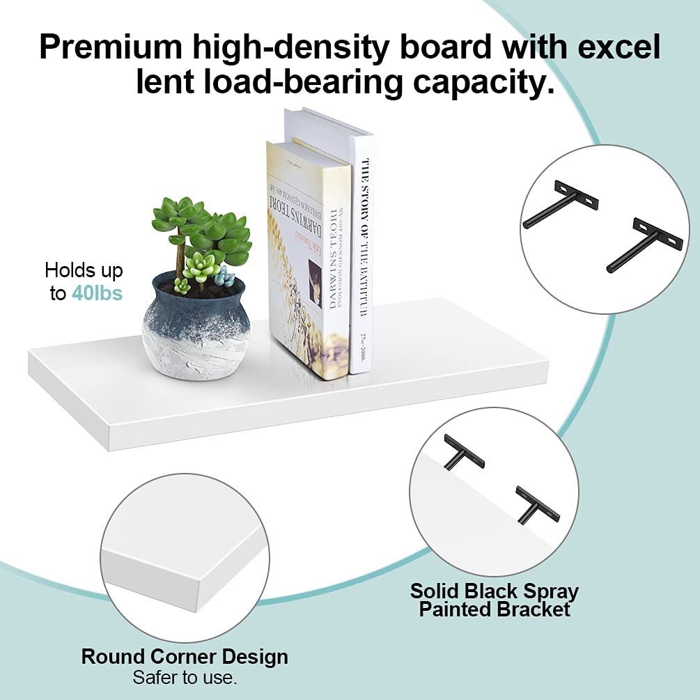 EEFOW White Floating Shelves Wall Mounted - Set of 3 Modern Wooden Ledge Shelves for Home Decor | Invisible Storage Display Shelf for Bedroom, Living Room, Office & Kitchen | Perfect for Books, Plants, Photos and Decorative Items