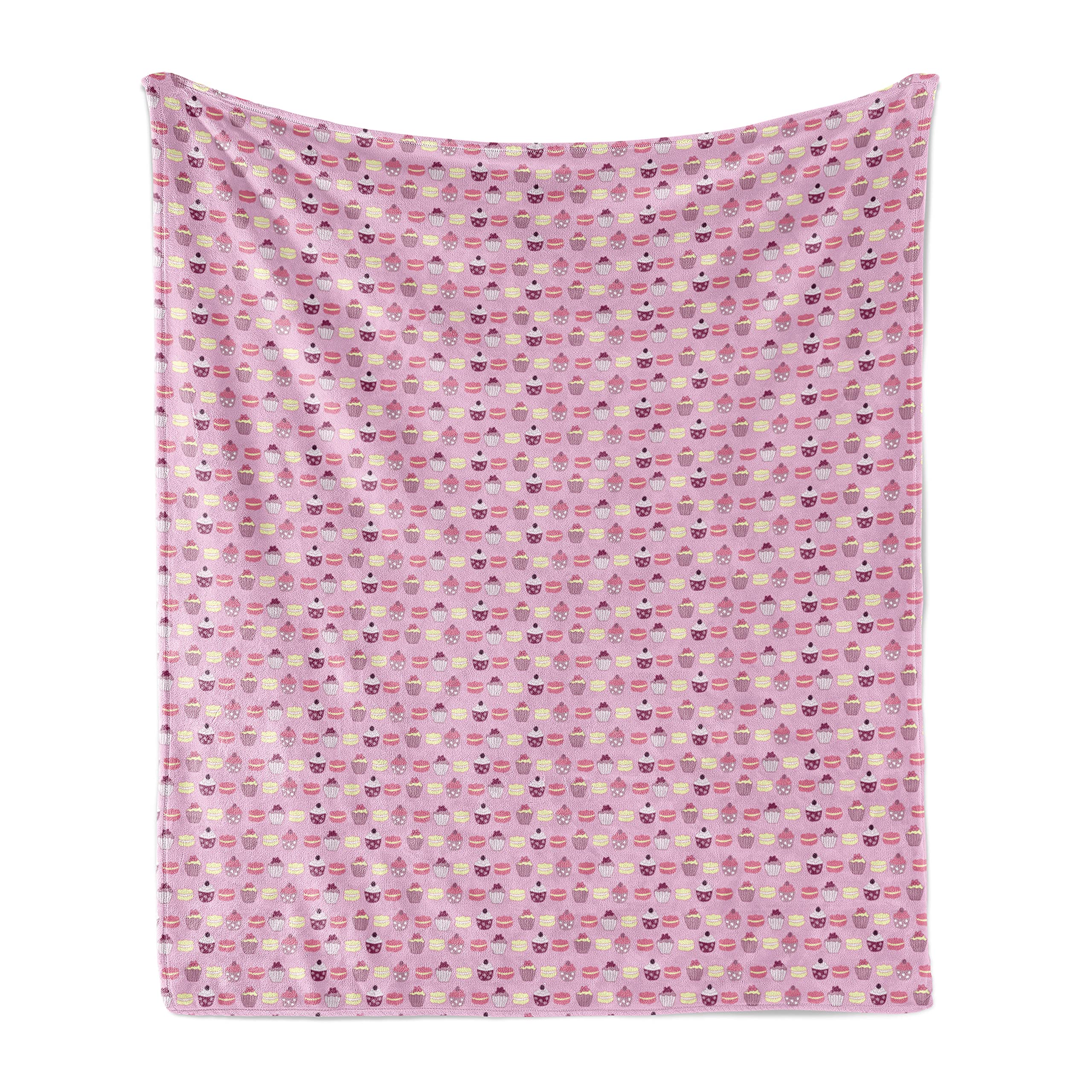 Ambesonne Cupcakes Flannel Fleece Throw Blanket - Soft Pastry Design with Muffins & Macaroon Cookies, 60x80 Inch Pink Multicolor Cozy Blanket for Couch, Bed & Sofa - Perfect for Living Room, Dorm & Gift Giving