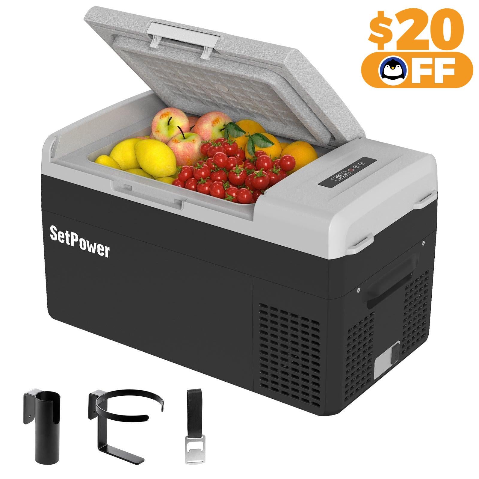 Setpower FC15 12V Portable Car Refrigerator - 15.8 Quart (15L) Compact Freezer Cooler for Van Life, Camping, Road Trips & Outdoor Adventures - Energy Efficient Black Mini Fridge