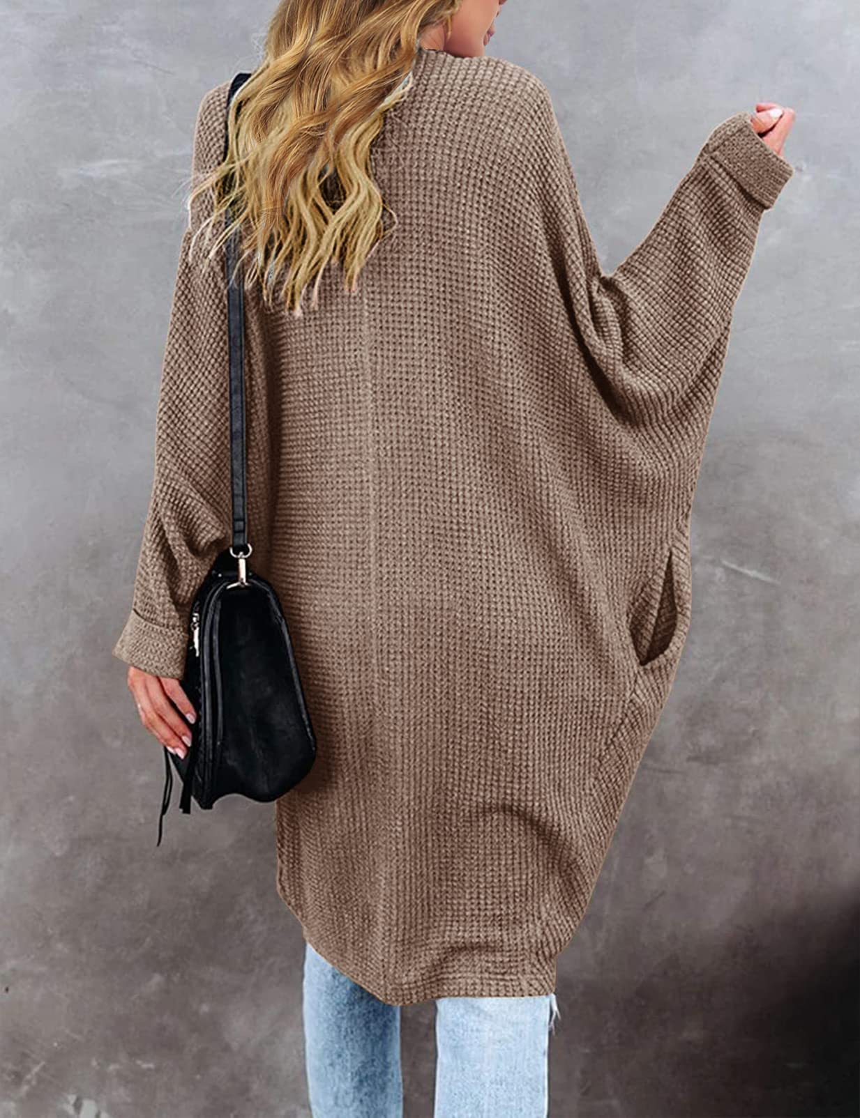 MEROKEETY Women's 2025 Fall Waffle Knit Batwing Long Sleeve Cardigan - Loose Open Front Sweater Coat for Casual Outfits & Layering in Cool Weather