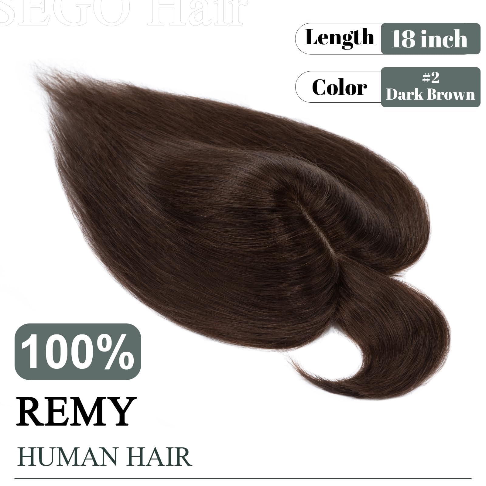 SEGO Clip-In Human Hair Toppers for Women - 18 Inch Straight with Bangs, 150% Density Silk Base, #2 Dark Brown | Thinning Hair Solution for Daily Wear & Special Occasions
