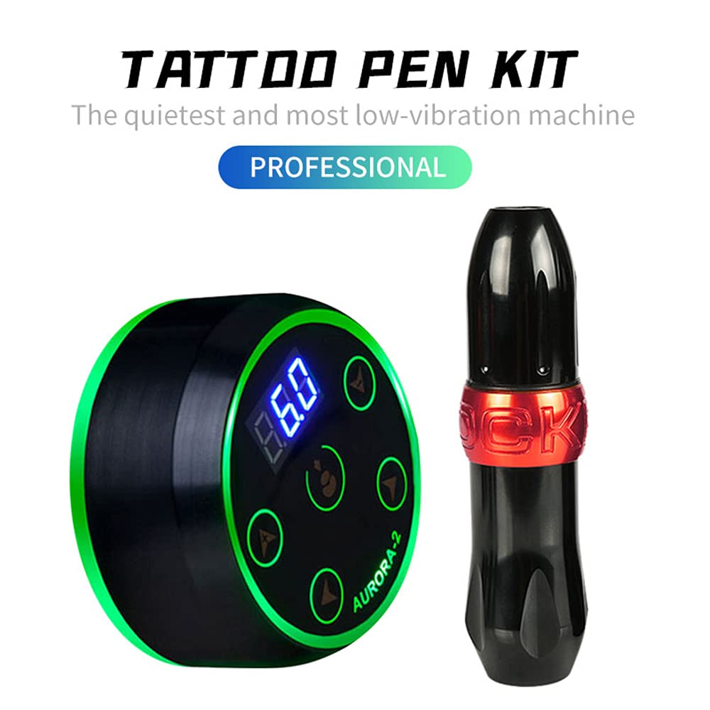 Professional Tattoo Machine Kit - Rocket 1 Rotary Tattoo Pen with Aurora-2 Power Supply - Complete Tattoo Equipment Set (Red) for Artists & Beginners - Perfect for Tattoo Studio, Home Practice & Professional Use