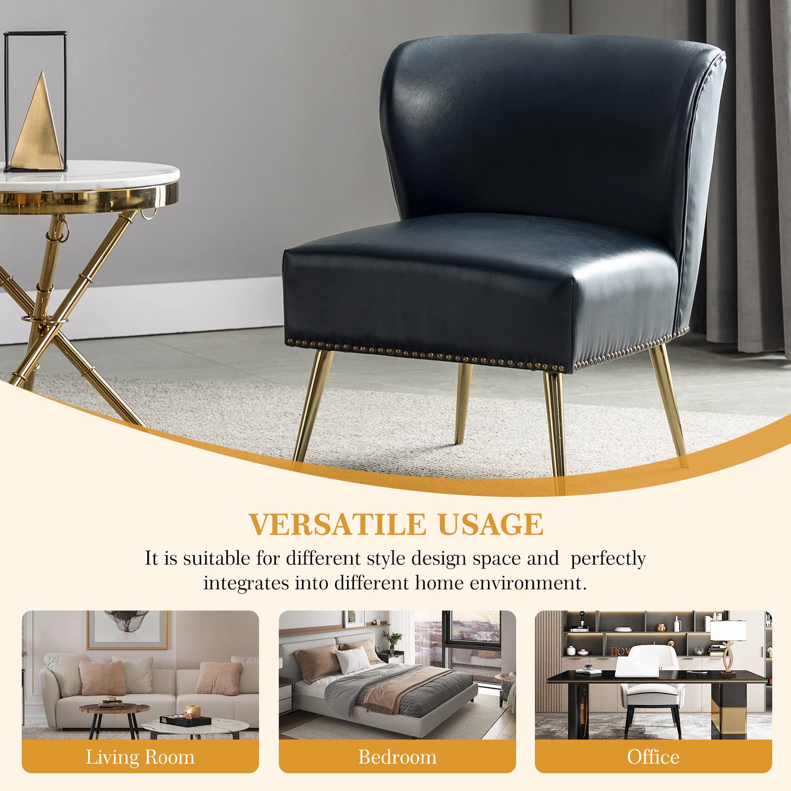 Mid Century Modern Faux Leather Accent Chair with Metal Base - Armless Living Room Chair with Rivet Trim, Navy Blue Upholstered Side Chair for Bedroom, Office & Lounge - Comfortable Home Decor Seating for Small Spaces