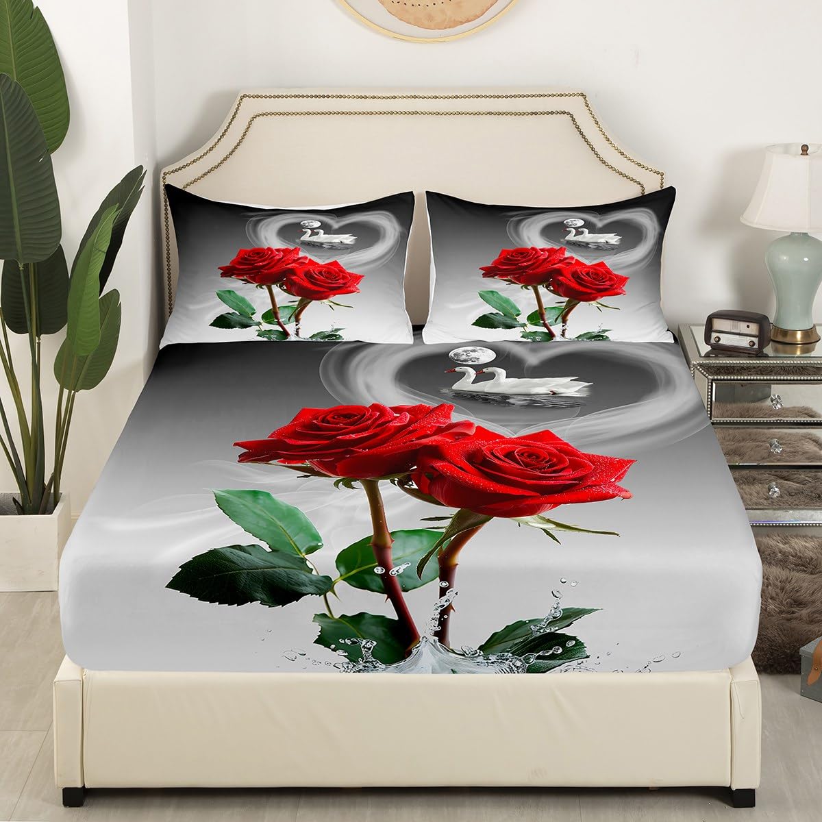Romantic Red Rose & Swans Queen Size Bedding Set - Ultra Soft Floral Fitted Sheet for Couples, Valentine's Gift, Bedroom Decor (No Flat Sheet) - Perfect for Anniversary, Honeymoon & Romantic Getaway