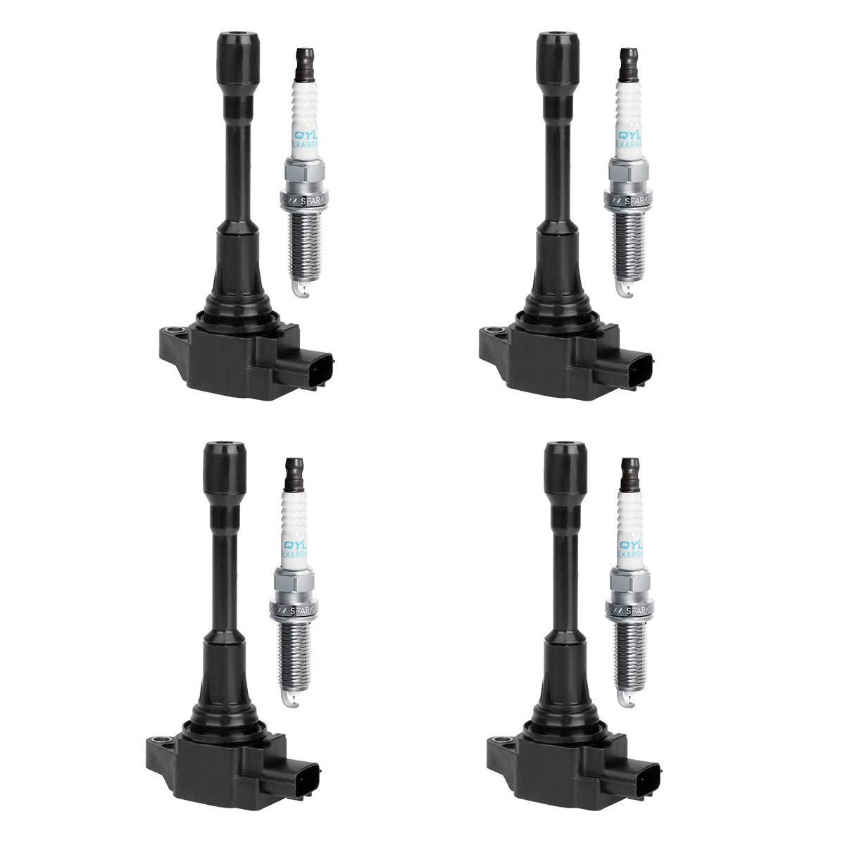 QYL Set of 4 Ignition Coils UF549 & Iridium Spark Plugs 9029 - Compatible with 2007-2014 Nissan Altima, Versa, Sentra, Rogue, Cube, QX60, NV200 (2.5L, 2.0L, 1.8L, 1.6L) - High Performance Engine Replacement Parts for Smoother Acceleration & Better Fuel Efficiency