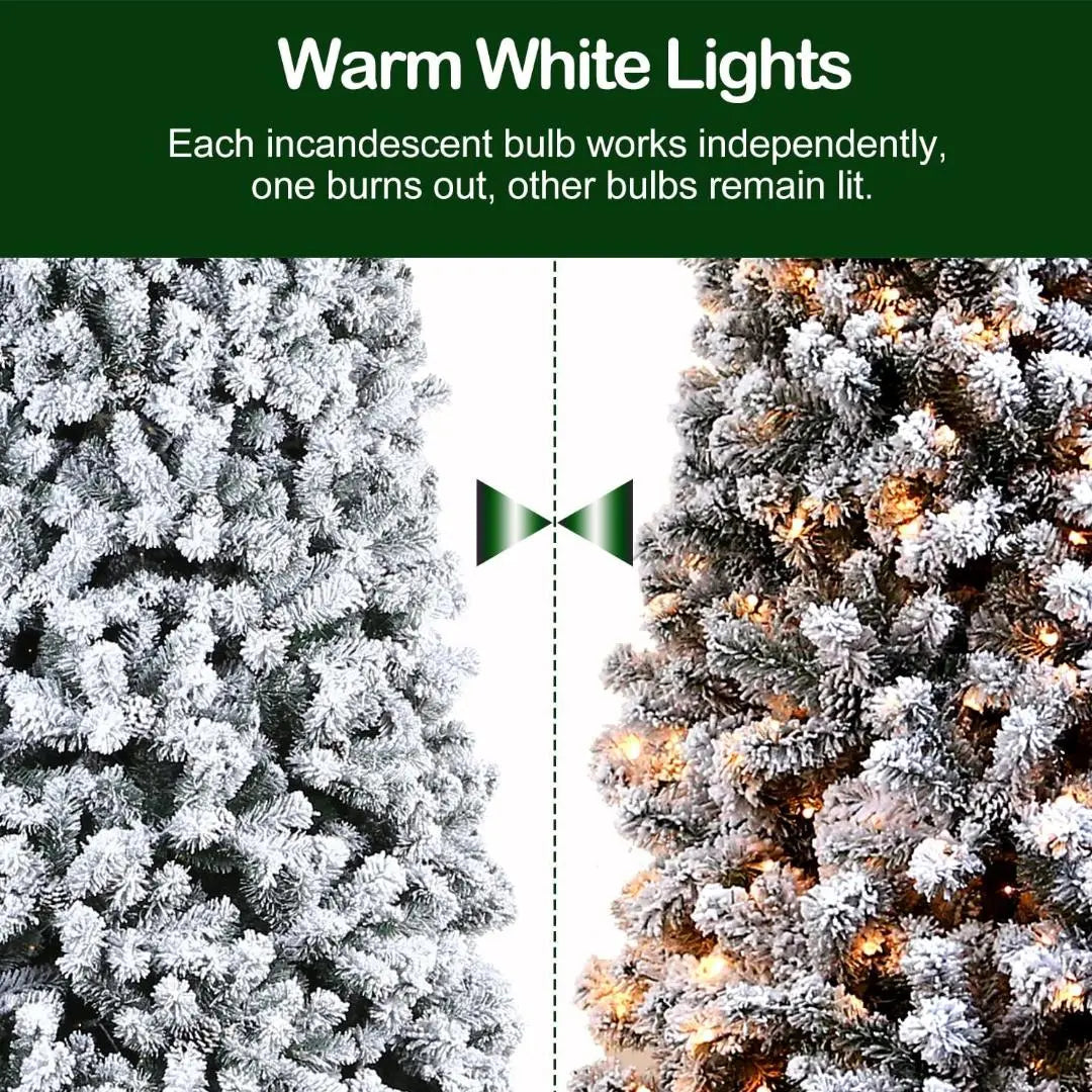 6'/7.5'/9' Flocked Snow Christmas Tree with Pine Cones & Warm White LED Lights - Hinged Branches & Sturdy Metal Stand for Holiday Home Decor, Office, and Party Decoration