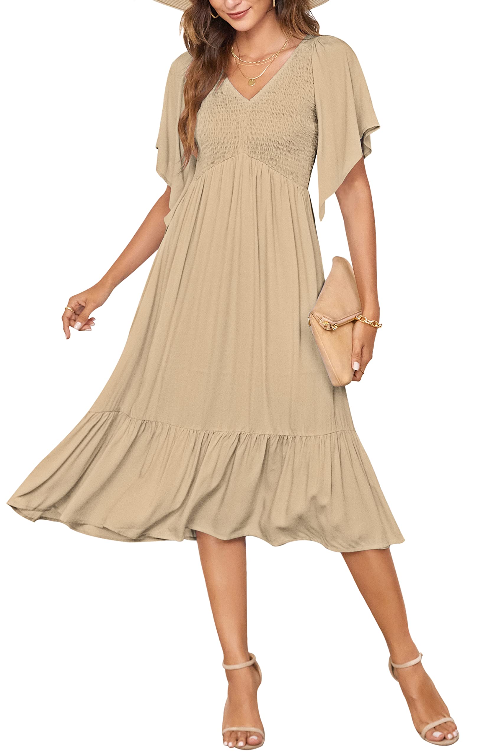 PYGFEMR Women's Summer Tiered Dress - Smocked Flutter Short Sleeve V-Neck Midi Dress for Beach, Vacation & Casual Outings