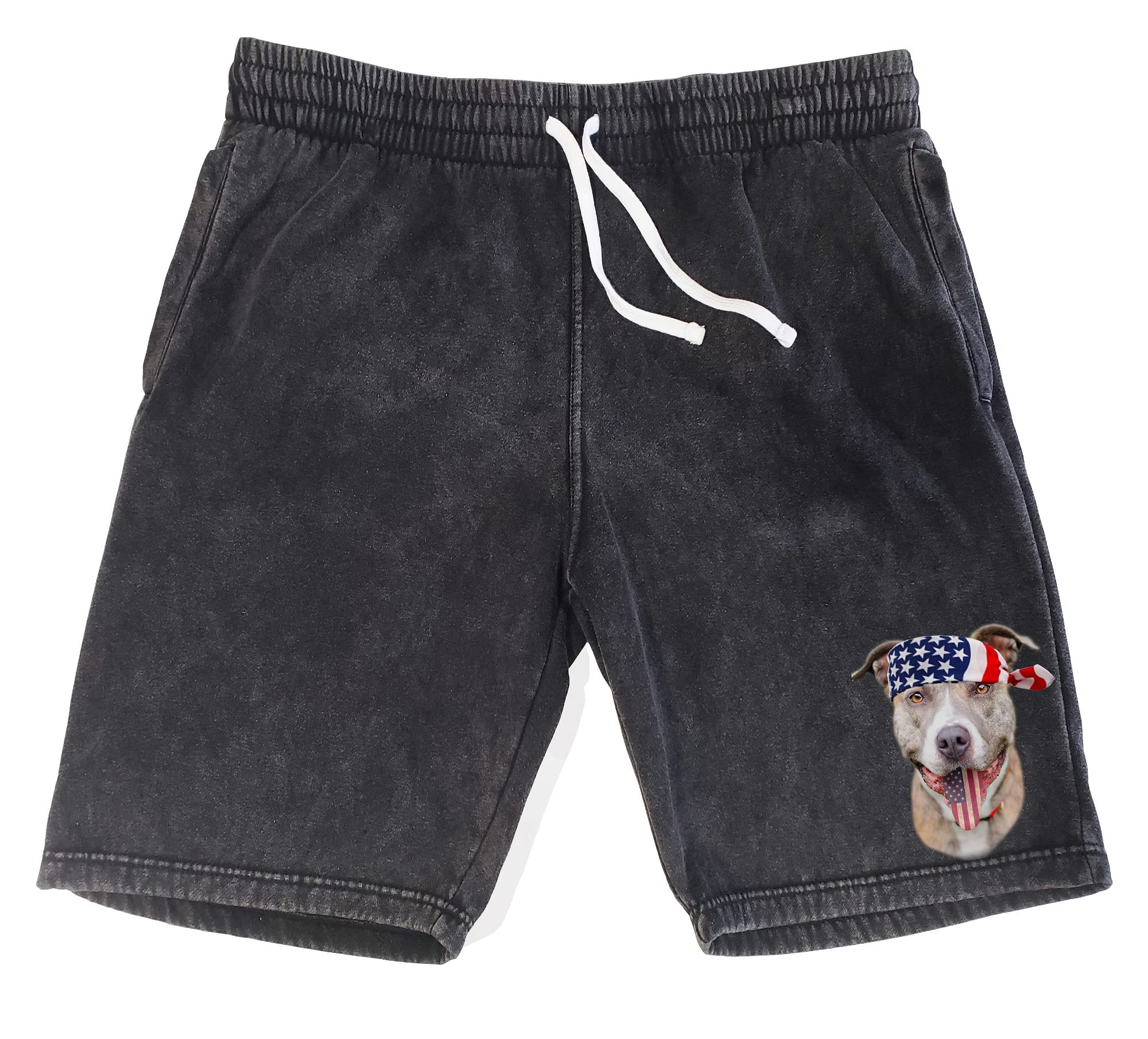 Koyotee Men's Pitbull USA Flag Bandana Vintage Black Fleece Shorts - Comfortable Casual Wear for Outdoor Activities, Dog Walking & Patriotic Events