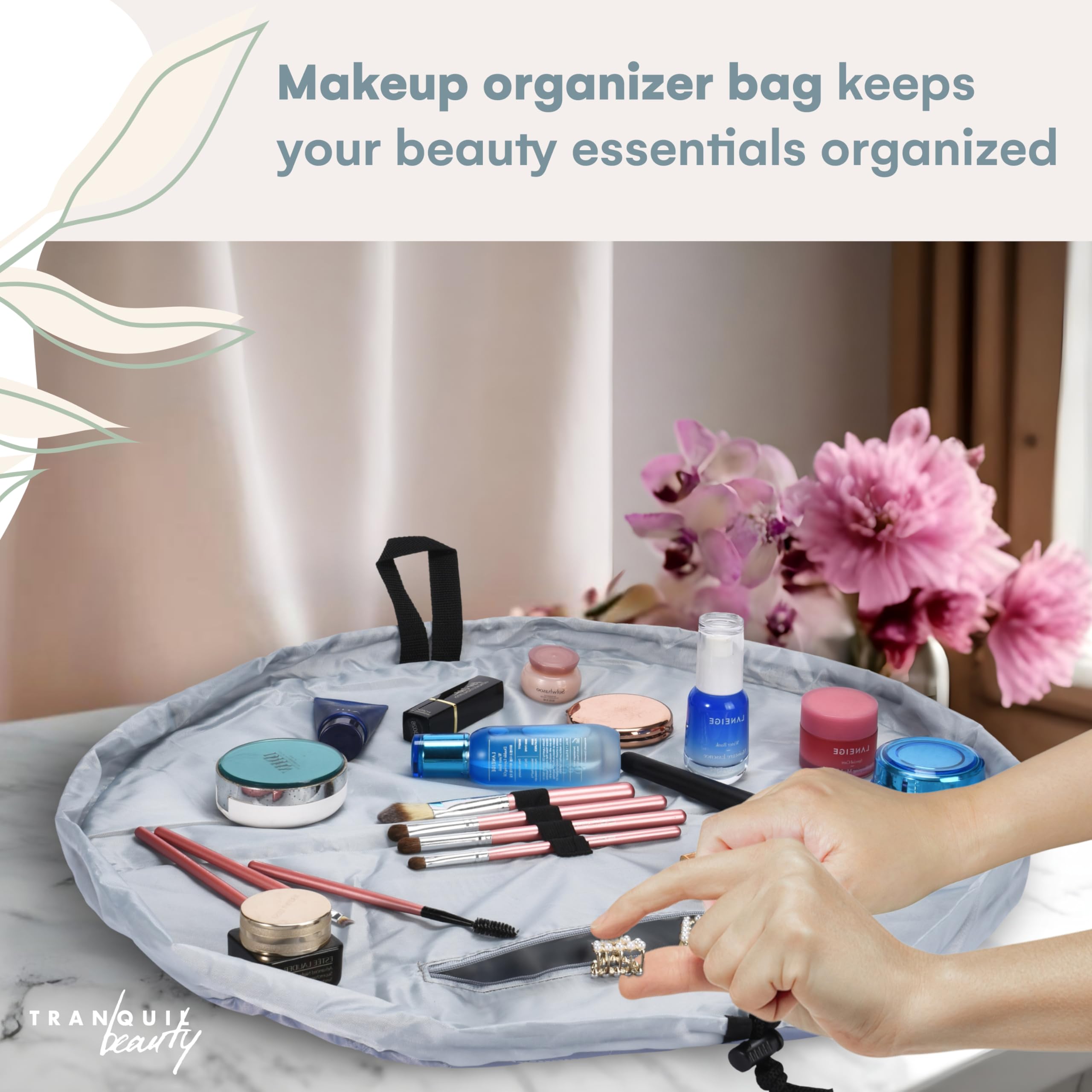 Tranquil Beauty Large Drawstring Makeup Bag - Waterproof Travel Cosmetic Pouch Organizer for Women & Girls - Perfect for Skincare, Toiletries & Travel Essentials - Ideal for Gym, Vacation & Daily Use