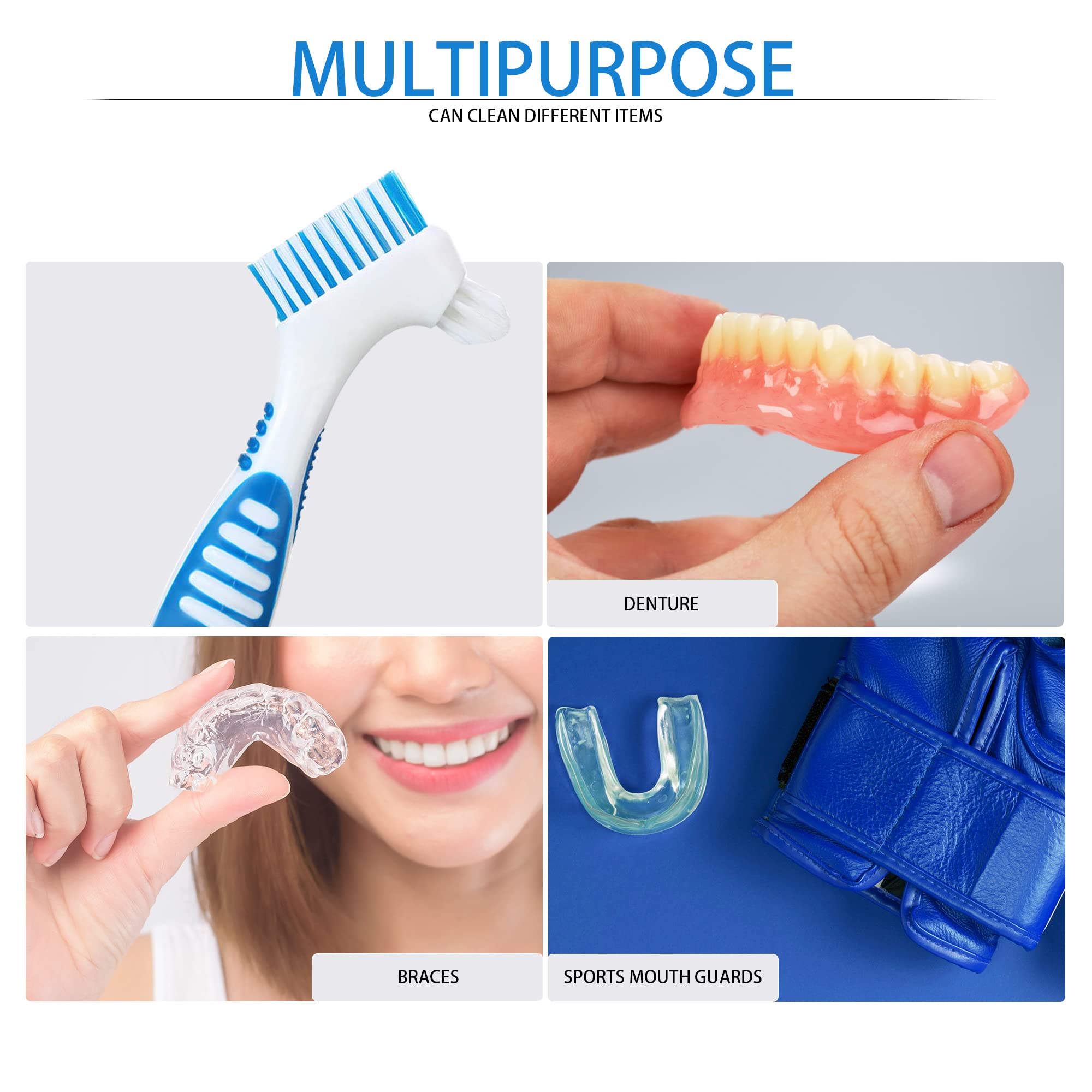 4-Pack Denture Cleaning Brushes - Double-Sided Toothbrush with Multi-Layered Bristles & Anti-Slip Rubber Handle for Dentures Care (Green, Purple, Blue, Orange) - Perfect for Daily Denture Hygiene and Deep Cleaning at Home