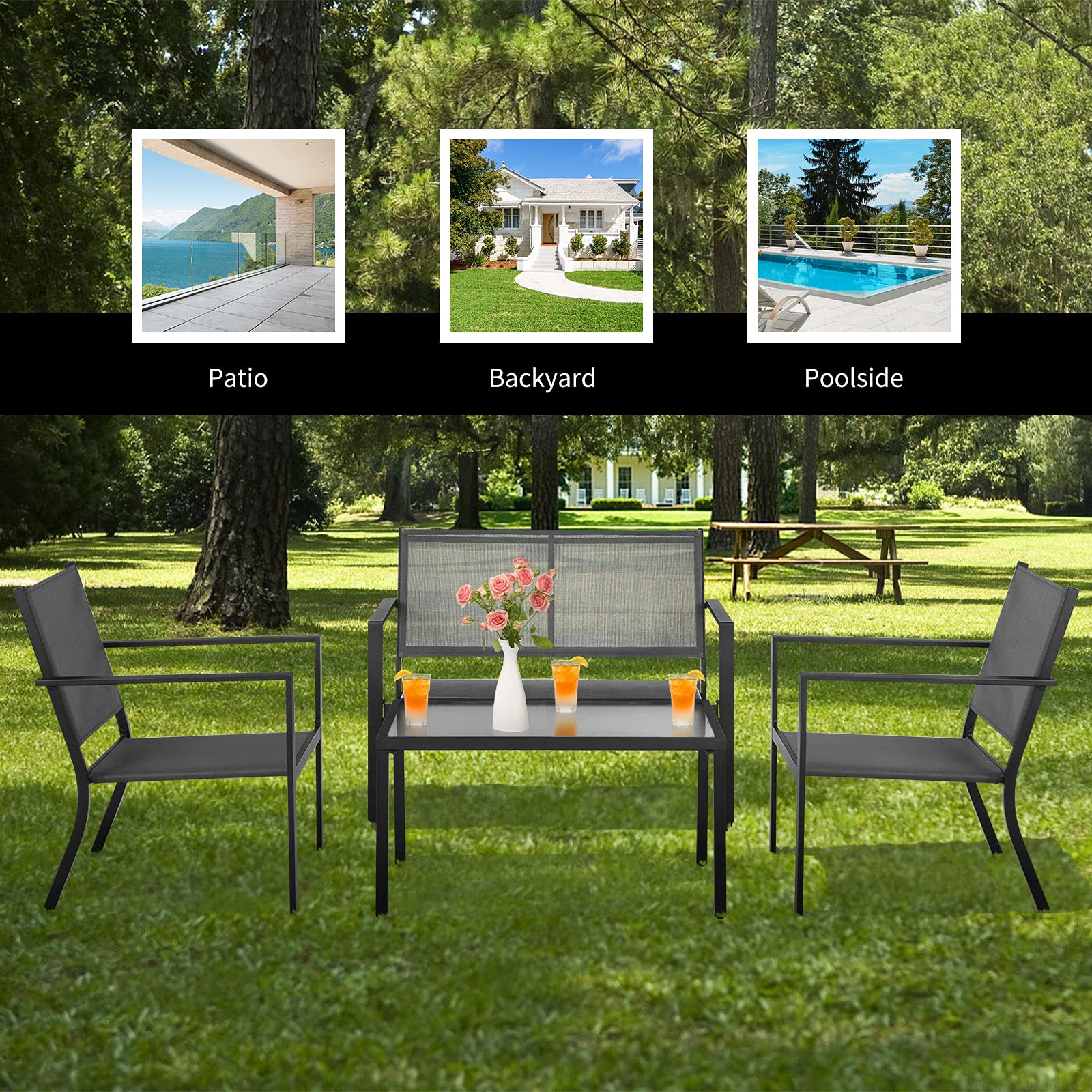 Tangkula 4-Piece Outdoor Patio Furniture Set - Grey Wicker Sectional Sofa with Glass Coffee Table - Weather-Resistant Garden Conversation Set for Backyard, Porch, Balcony & Poolside Relaxation
