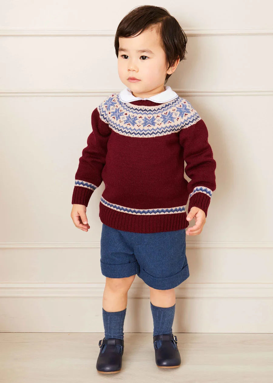 Classic Burgundy Fair Isle Merino Wool Sweater for Baby Boys - Cozy Winter Outfit for Holidays & Family Photos