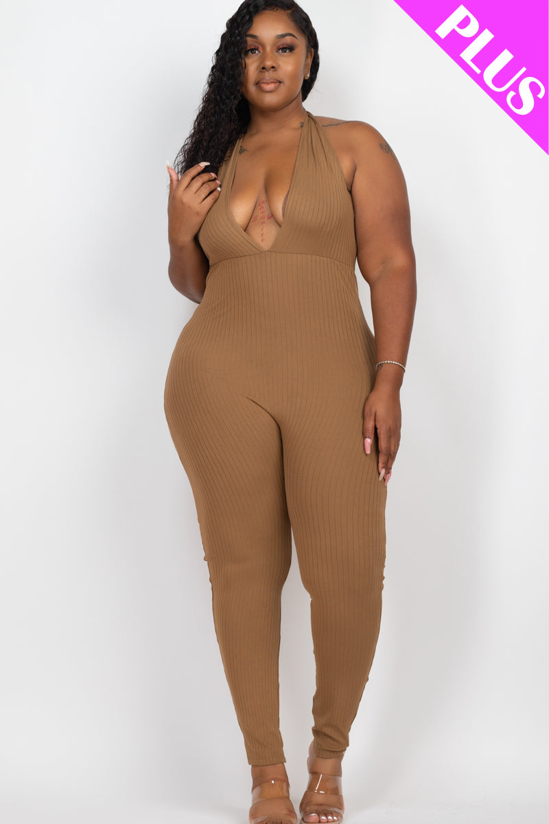 Plus Size Halter V Neck Ribbed Bodycon Jumpsuit for Women - Stretchy Slim Fit Romper for Curvy Figures - Perfect for Parties, Date Nights & Summer Outings