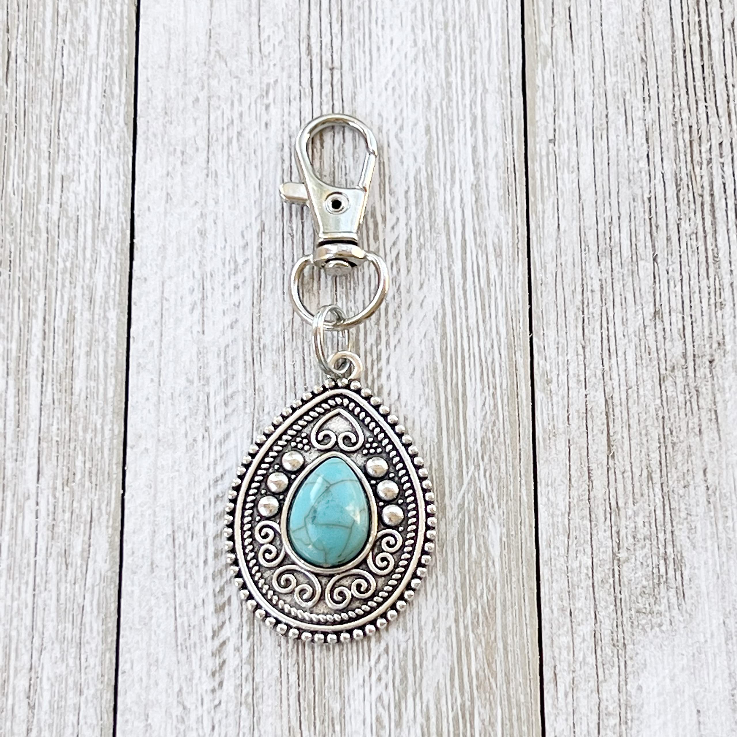 Silver Boho Western Medallion Turquoise Zipper Pull - Handmade Custom Zipper Charms for Backpacks, Purses & Camera Bags | Unique Handbag Jewelry & Cool Keychain Accessories | Perfect for Boho Style Lovers & Western Fashion Enthusiasts