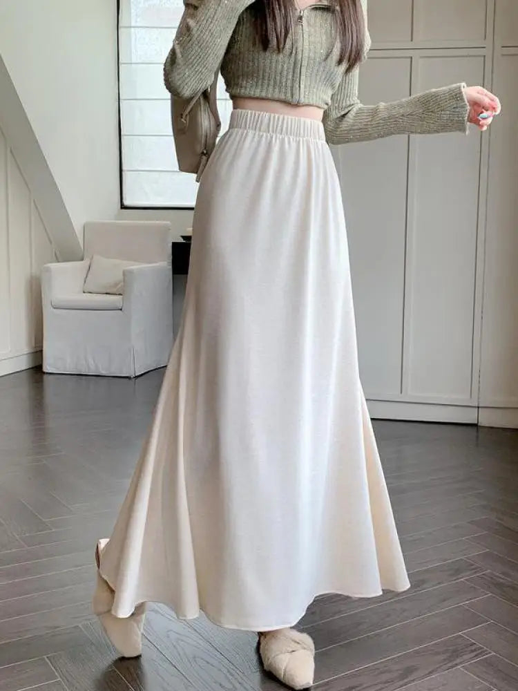 Women's Black Elastic High Waist Fishtail Skirt - Korean Style Beige Pleated A-Line Long Skirt for Autumn Winter | Elegant Vacation Outfit, Office Wear & Party Dress