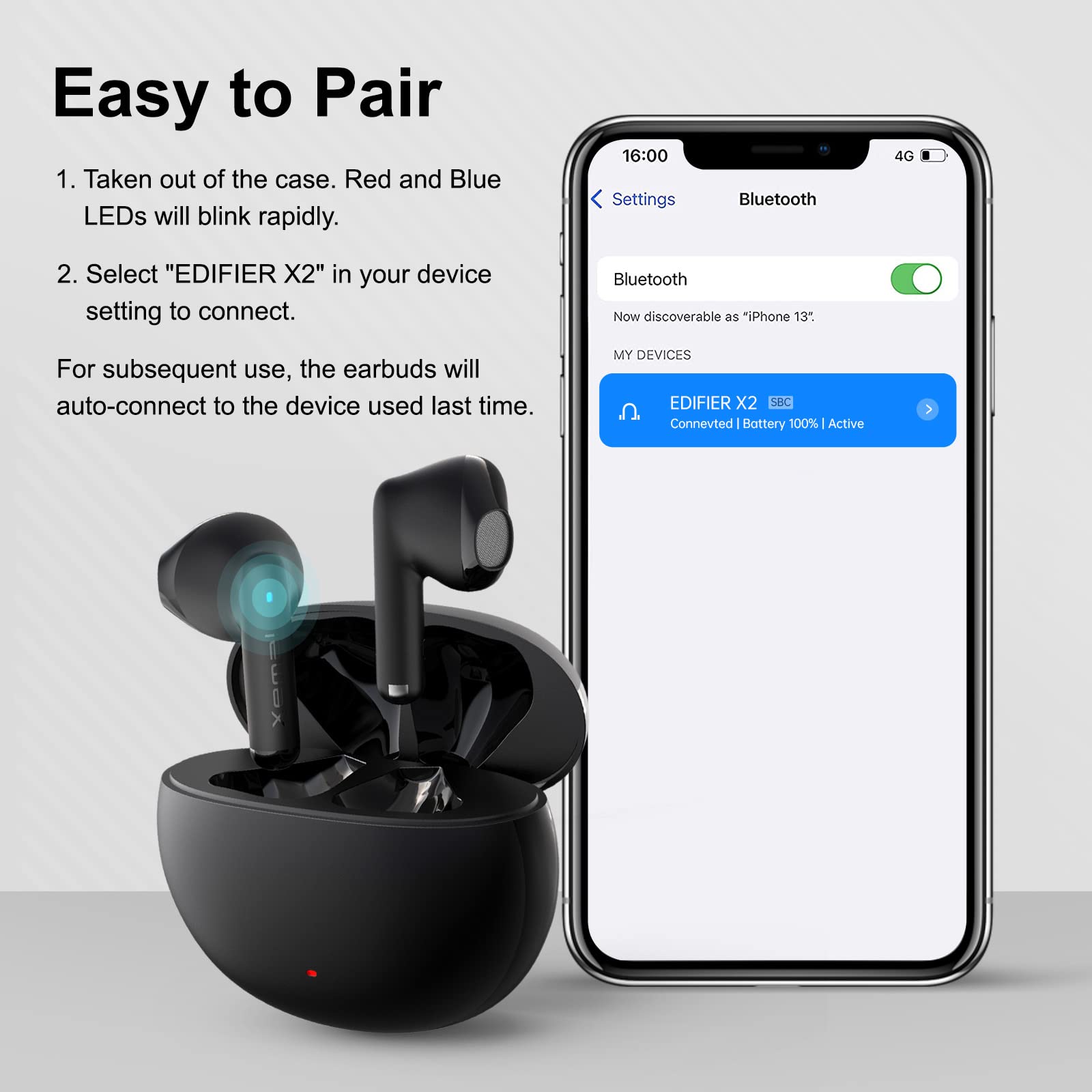 Edifier X2 True Wireless Earbuds - Bluetooth 5.0 Headphones with 28 Hours Playtime, HD Sound, Noise Cancelling Mic for Crystal Clear Calls, IPX5 Waterproof & Lightweight Design for Running, Gym Workouts & Sports (Black)