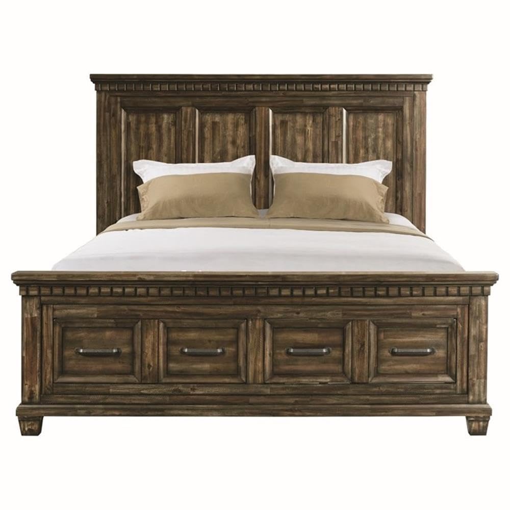 Picket House Furnishings Johnny King Walnut Storage Panel Bed - Queen Size Platform Bed Frame with Underbed Storage Drawers for Small Space Bedroom