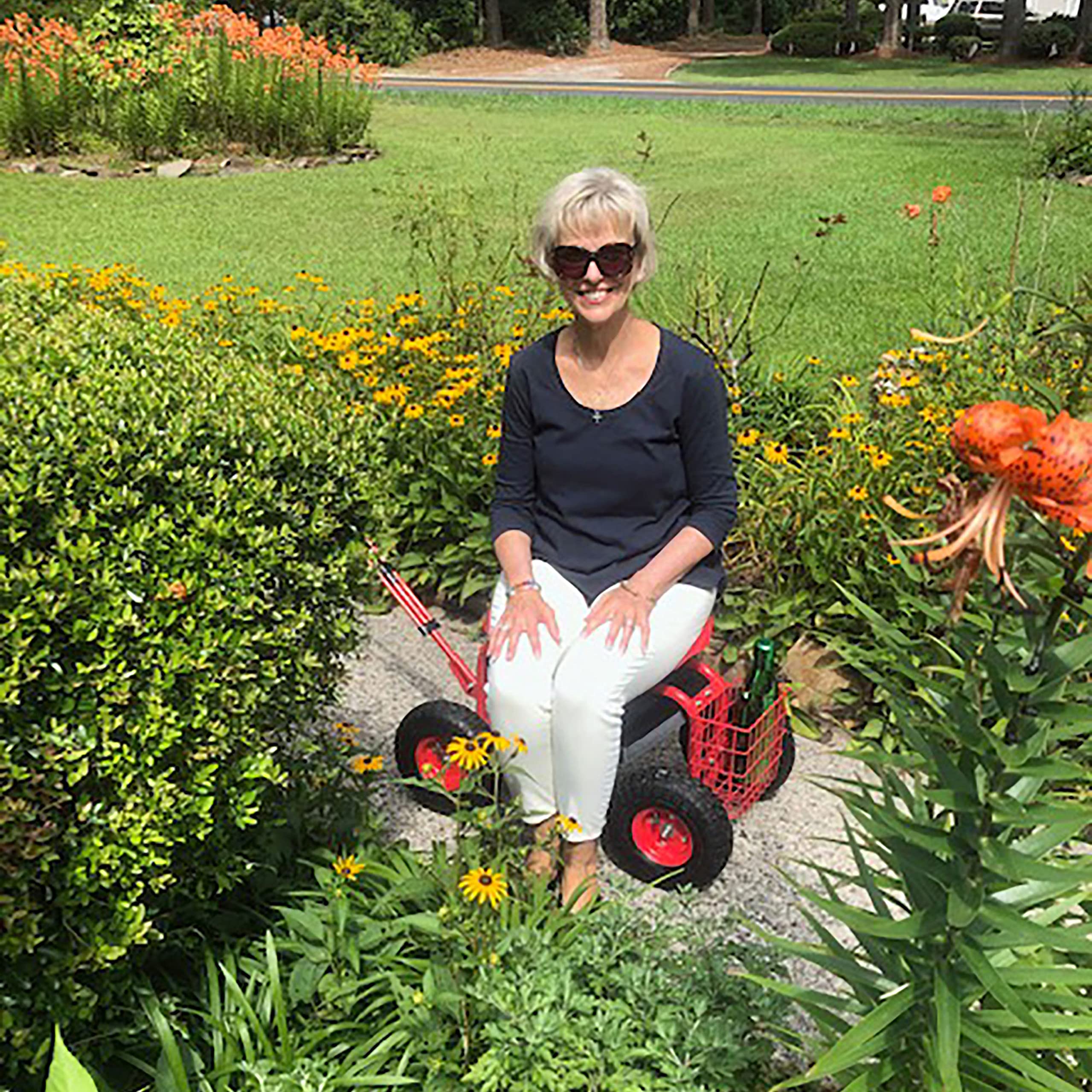 Sunnydaze Heavy Duty Garden Cart with Extendable Handle & Swivel Seat - Utility Rolling Scooter with Storage Basket - Outdoor Yard Work, Gardening & Home Improvement - Red