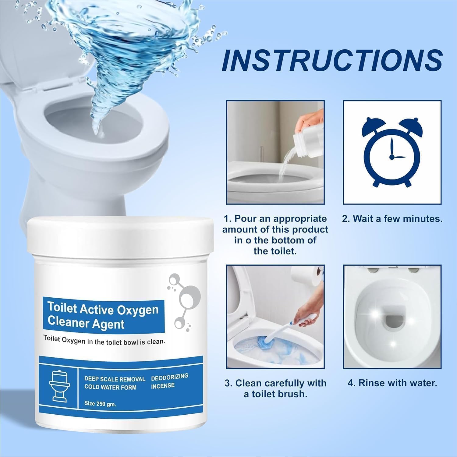 YTANYZ Active Oxygen Toilet Cleaner Powder with Super Cleaning Liquid - Effectively Removes Stubborn Stains & Odors (250g Powder + 100ml Liquid) | Ideal for Bathroom, Toilet Bowl & Household Cleaning