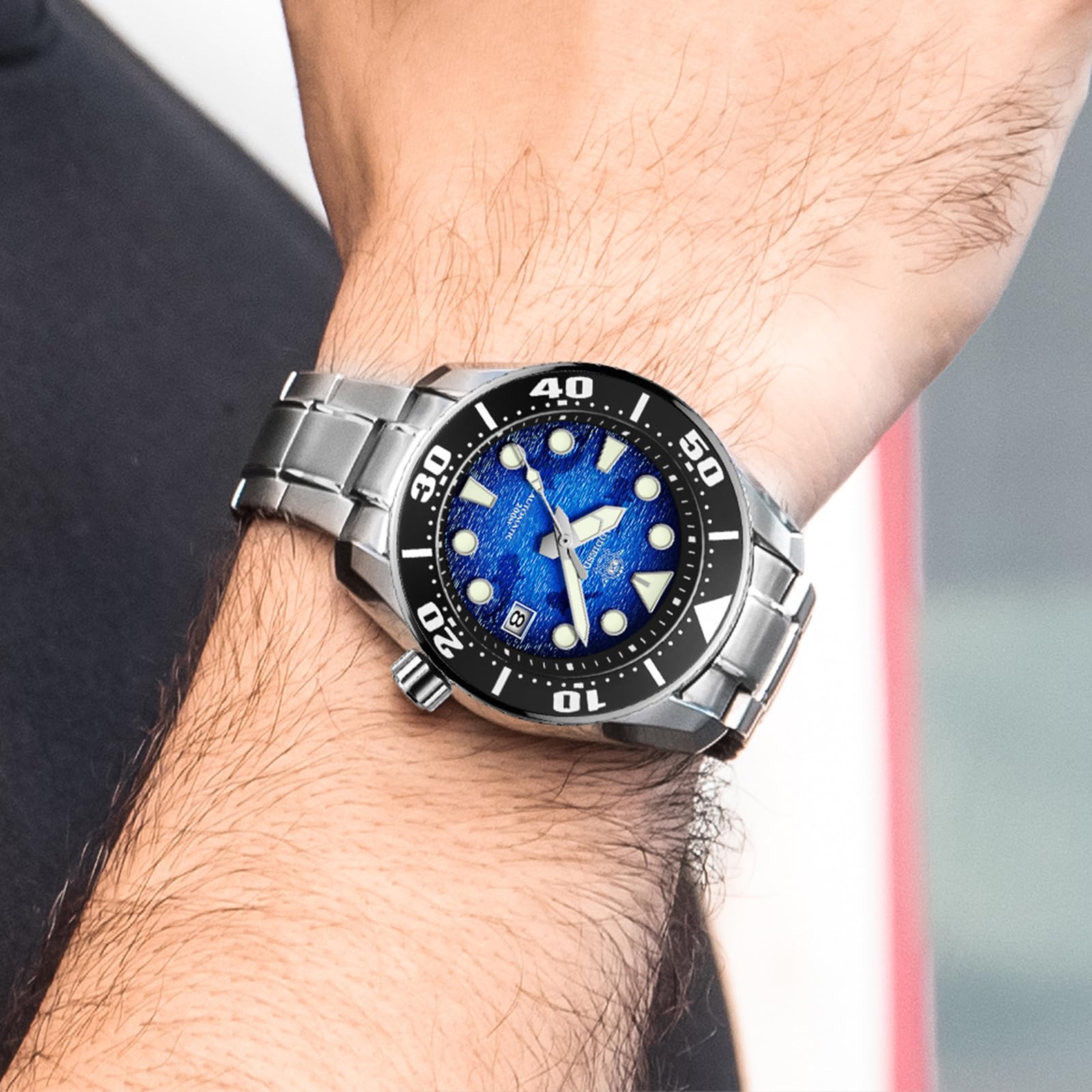 ADDIESDIVE Men's Automatic Diving Watch 44.9mm Blue Wave Dial, 200M Waterproof, NH35A Movement, Stainless Steel Band - Perfect for Scuba Diving, Snorkeling & Water Sports