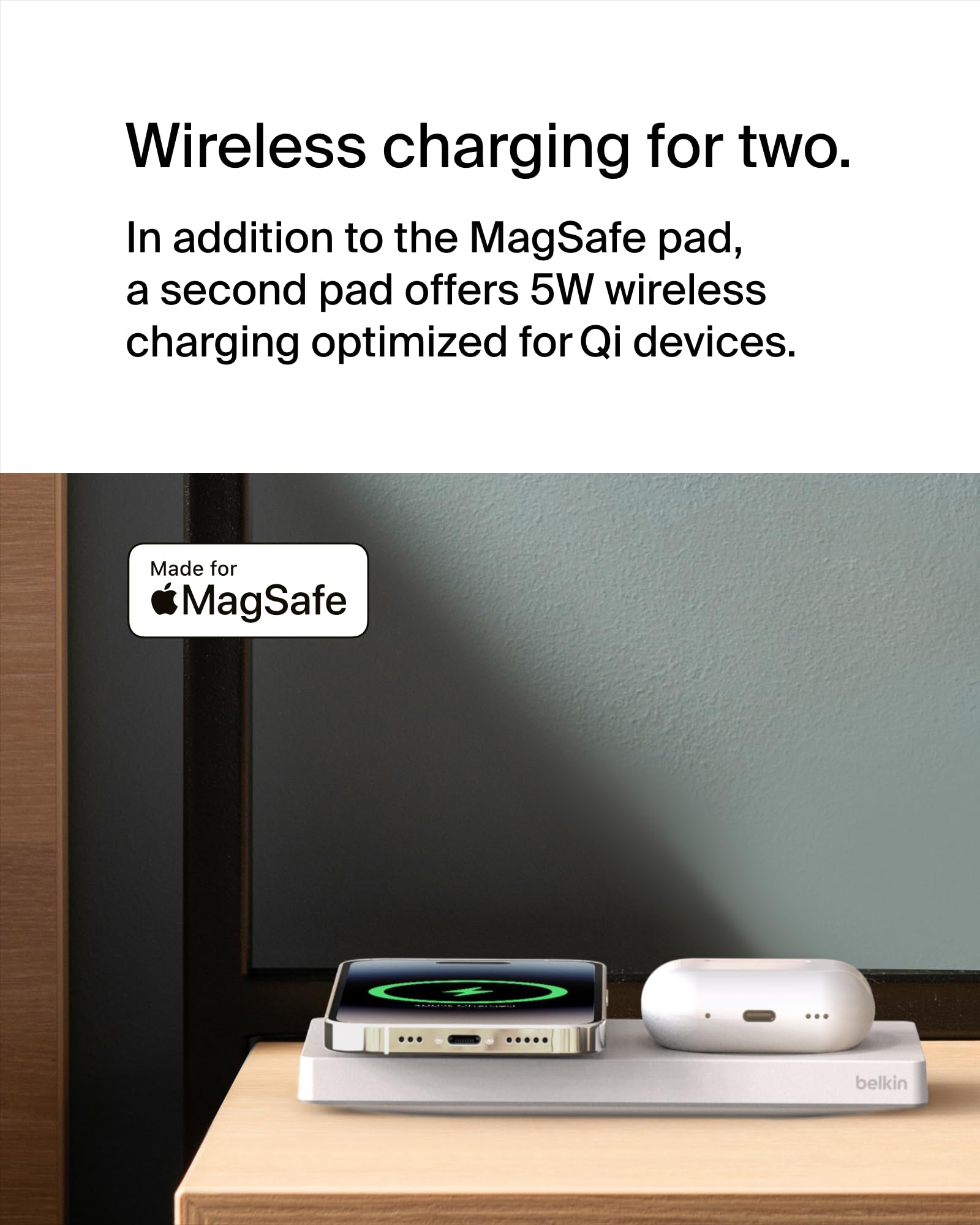 Belkin 2-in-1 MagSafe Wireless Charging Pad 15W Fast Charger - Compatible with iPhone 16/15/14/13 Series, AirPods & MagSafe Devices - White | Perfect for Bedside, Office & Travel Charging Station