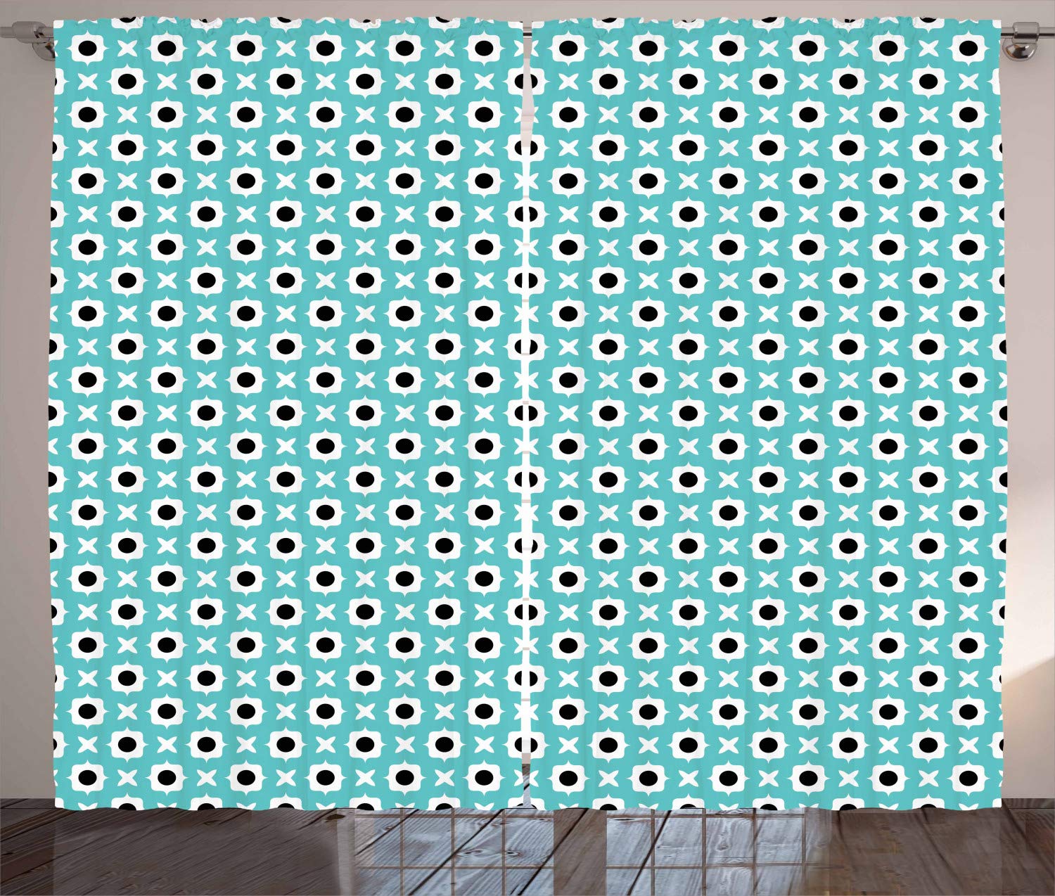 Ambesonne Retro Curtains - Abstract Floral Motif with Black Dots Symmetrical Tile Design, 2 Panel Window Drapes 108
