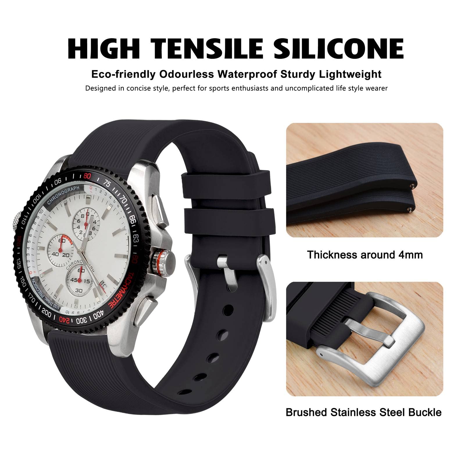 WOCCI 18mm Striped Silicone Watch Band Replacement Strap with Brushed Silver Buckle - Black - Durable & Comfortable Wristband for Apple Watch, Samsung Galaxy Watch, Fitbit - Perfect for Workouts, Running & Everyday Wear